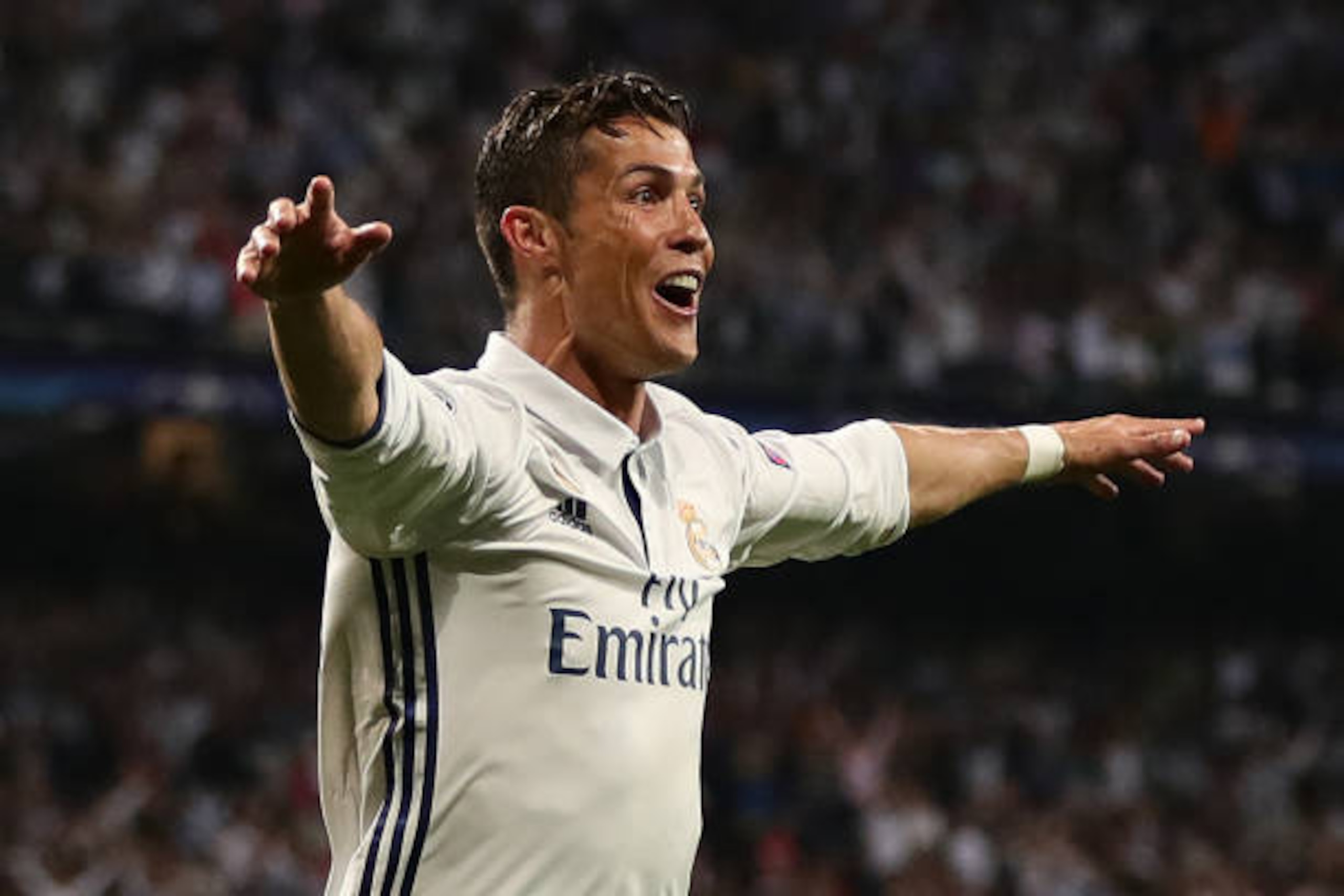 MADRID, SPAIN - APRIL 18: Cristiano Ronaldo of Real Madrid CF celebrates scoring his side's third goal during the UEFA Champions League Quarter Final second leg match between Real Madrid CF and FC Bayern Muenchen at Estadio Santiago Bernabeu on April 18, MADRID, SPAIN - APRIL 18: Cristiano Ronaldo of Real Madrid CF celebrates scoring his side's third goal during the UEFA Champions League Quarter Final second leg match between Real Madrid CF and FC Bayern Muenchen at Estadio Santiago Bernabeu on April 18,