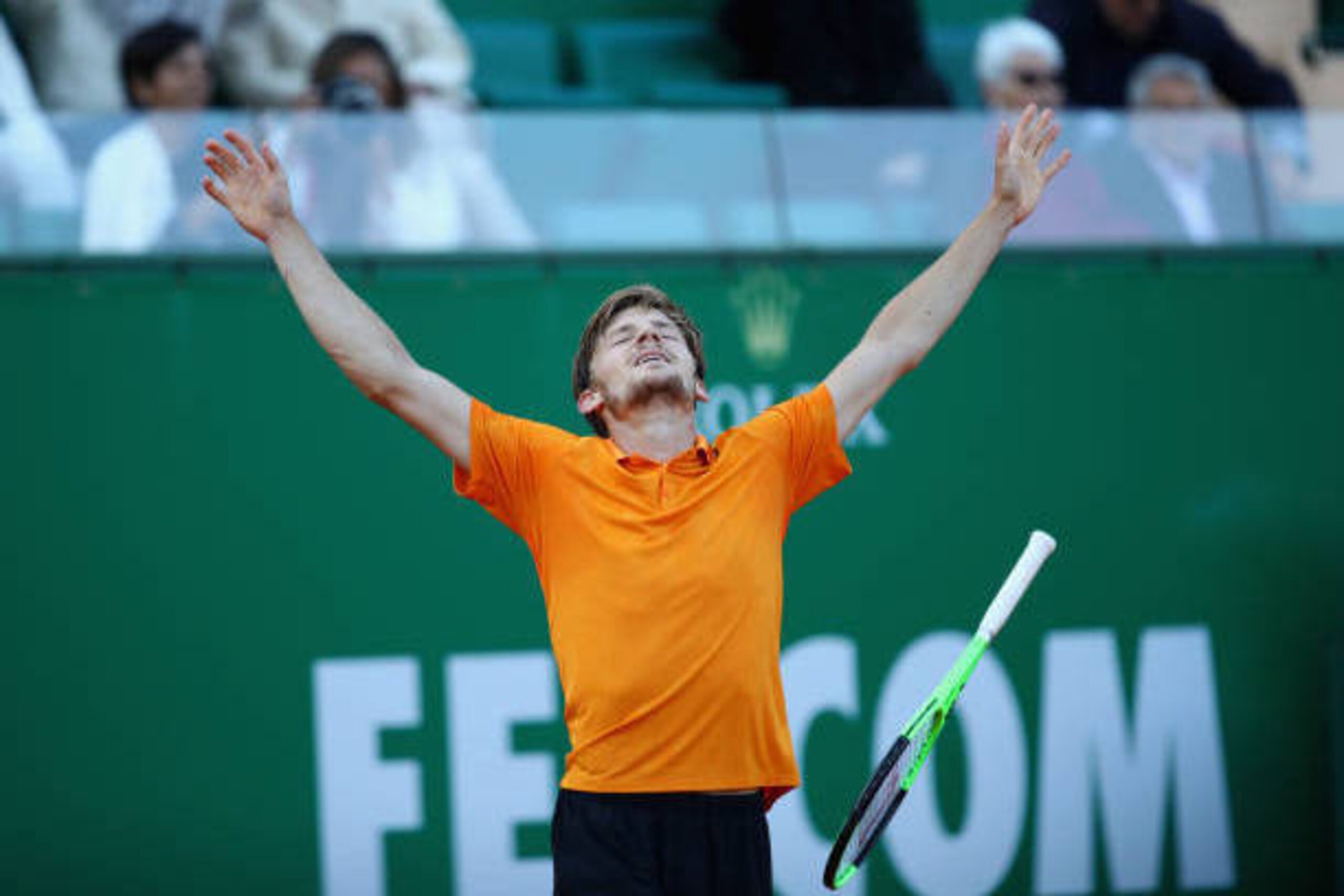 MONTE-CARLO, MONACO - APRIL 21:  David Goffin of Belgium celebrates match point against Novak Djokovic of Serbia in their quarter final round match on day six of the Monte Carlo Rolex Masters at Monte-Carlo Sporting Club on April 21, 2017 in Monte-Carlo, 