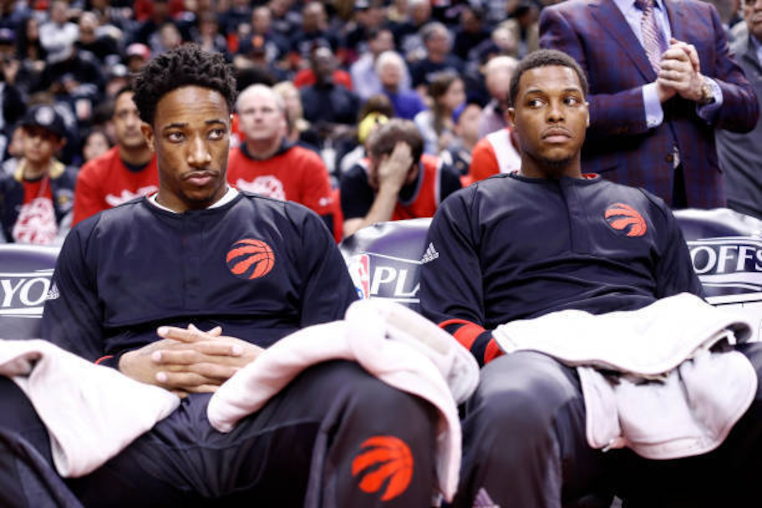 TORONTO, CANADA - APRIL 15:  DeMar DeRozan #10 and Kyle Lowry #7 of the Toronto Raptors before the game against the Milwaukee Bucks on April 15, 2017 during Game One of Round One of the 2017 NBA Playoffs at the Air Canada Centre in Toronto, Ontario, Canad