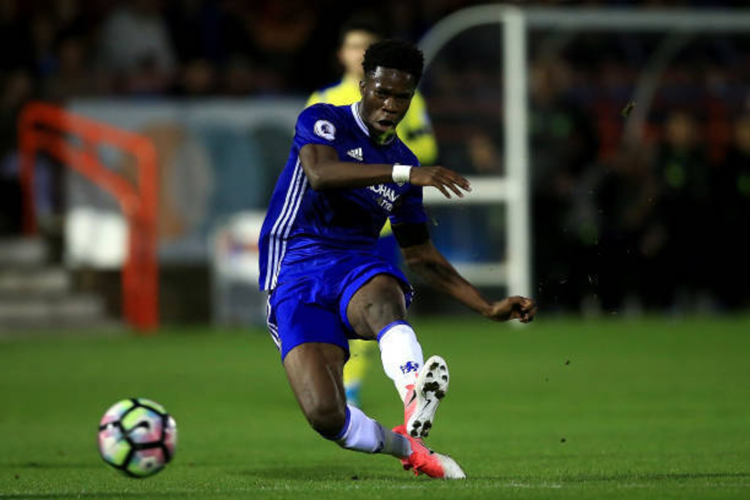 ALDERSHOT, ENGLAND - APRIL 21:  Ike Ugbo of Chesea scores his team's second goal of the game during the Premier League 2 match between Chelsea and Everton on April 21, 2017 in Aldershot, England.  (Photo by Ben Hoskins/Getty Images)