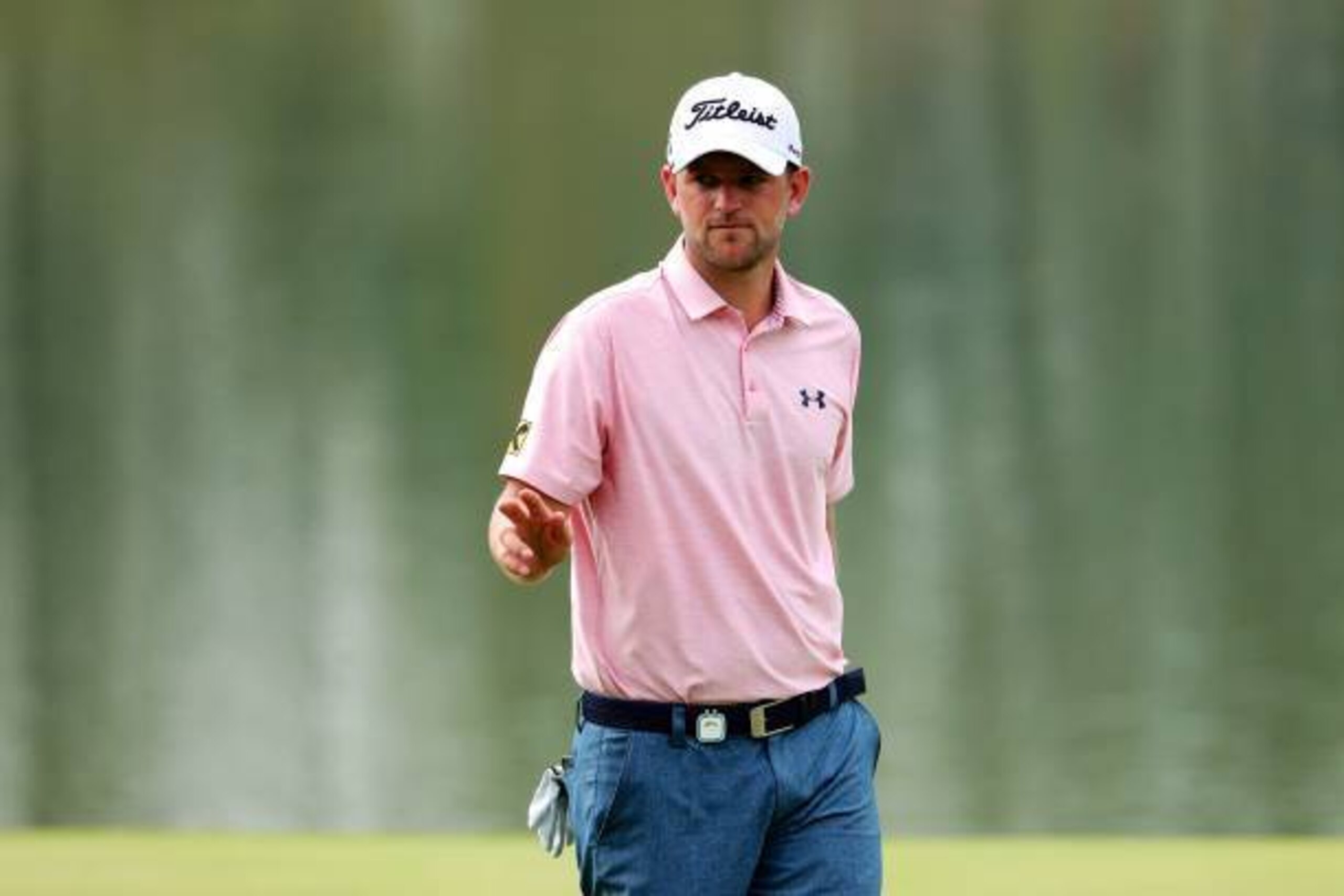 Bernd Wiesberger of Austria reacts during the Shenzhen International golf tournament in Shenzhen, in China's southern Guangdong province on April 21, 2017. / AFP PHOTO / STR / China OUT        (Photo credit should read STR/AFP/Getty Images)