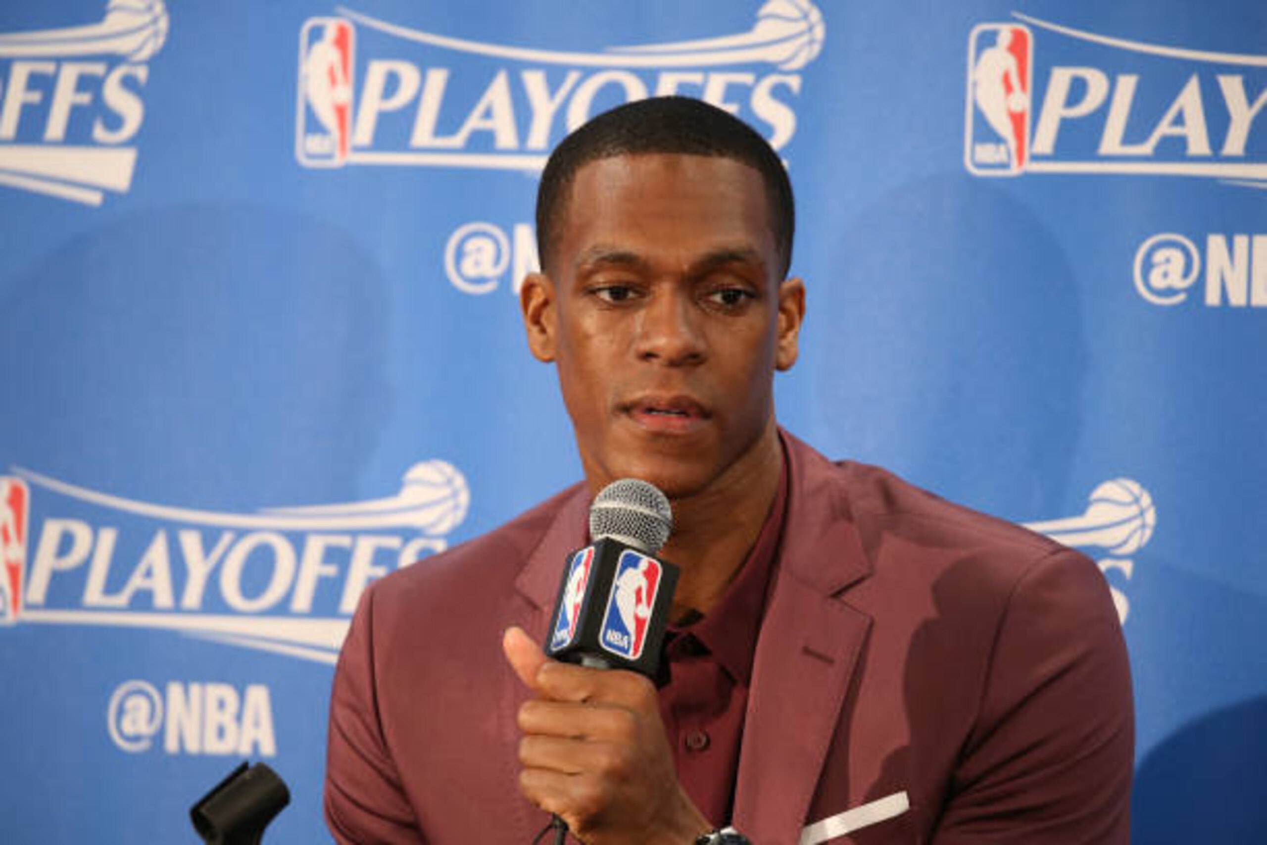 CHICAGO, IL - APRIL 21: Rajon Rondo #9 of the Chicago Bulls speaks during the post-game press conference after the game against the Boston Celtics during Game Three of the Eastern Conference Quarterfinals of the 2017 NBA Playoffs on April 21, 2017 at the CHICAGO, IL - APRIL 21: Rajon Rondo #9 of the Chicago Bulls speaks during the post-game press conference after the game against the Boston Celtics during Game Three of the Eastern Conference Quarterfinals of the 2017 NBA Playoffs on April 21, 2017 at the
