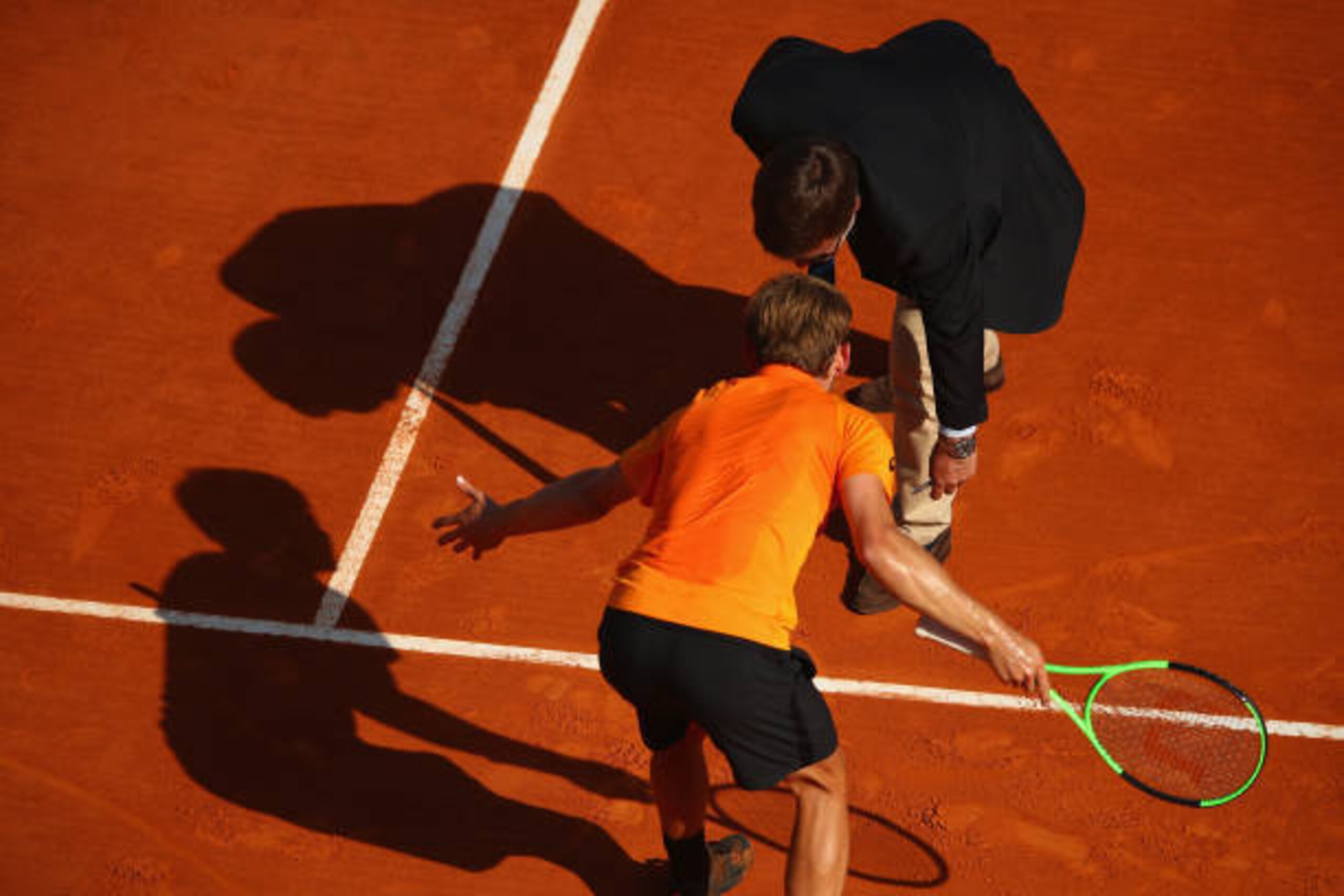 MONTE-CARLO, MONACO - APRIL 22:  David Goffin of Belgium argues with the chair umpire after a bad line call against Rafael Nadal of Spain in their semi final round match on day seven of the Monte Carlo Rolex Masters at Monte-Carlo Sporting Club on April 2