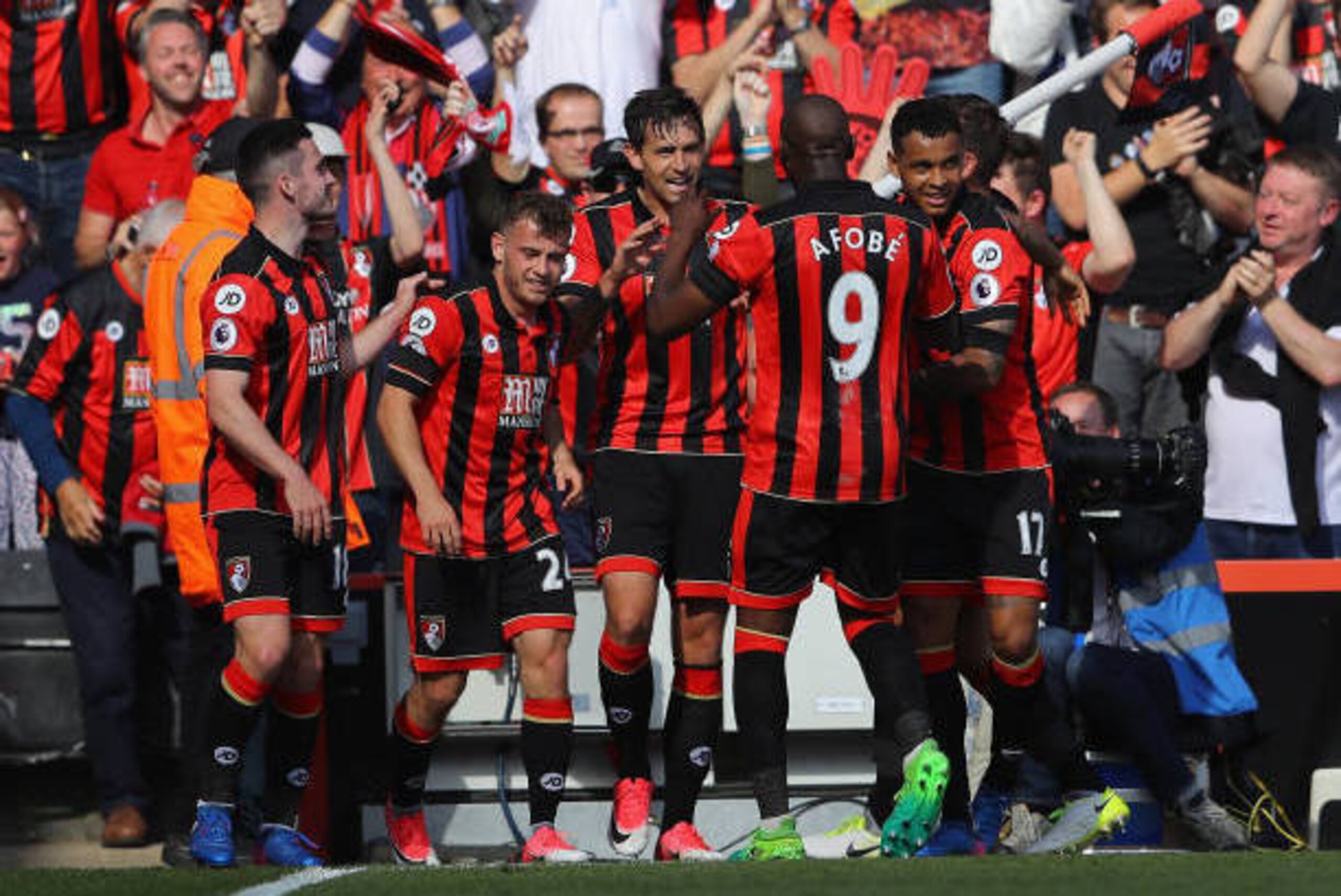BOURNEMOUTH, ENGLAND - APRIL 22:  Charlie Daniels of AFC Bournemouth celebrates scoring his sides fourth goal with team mates during the Premier League match between AFC Bournemouth and Middlesbrough at the Vitality Stadium on April 22, 2017 in Bournemout