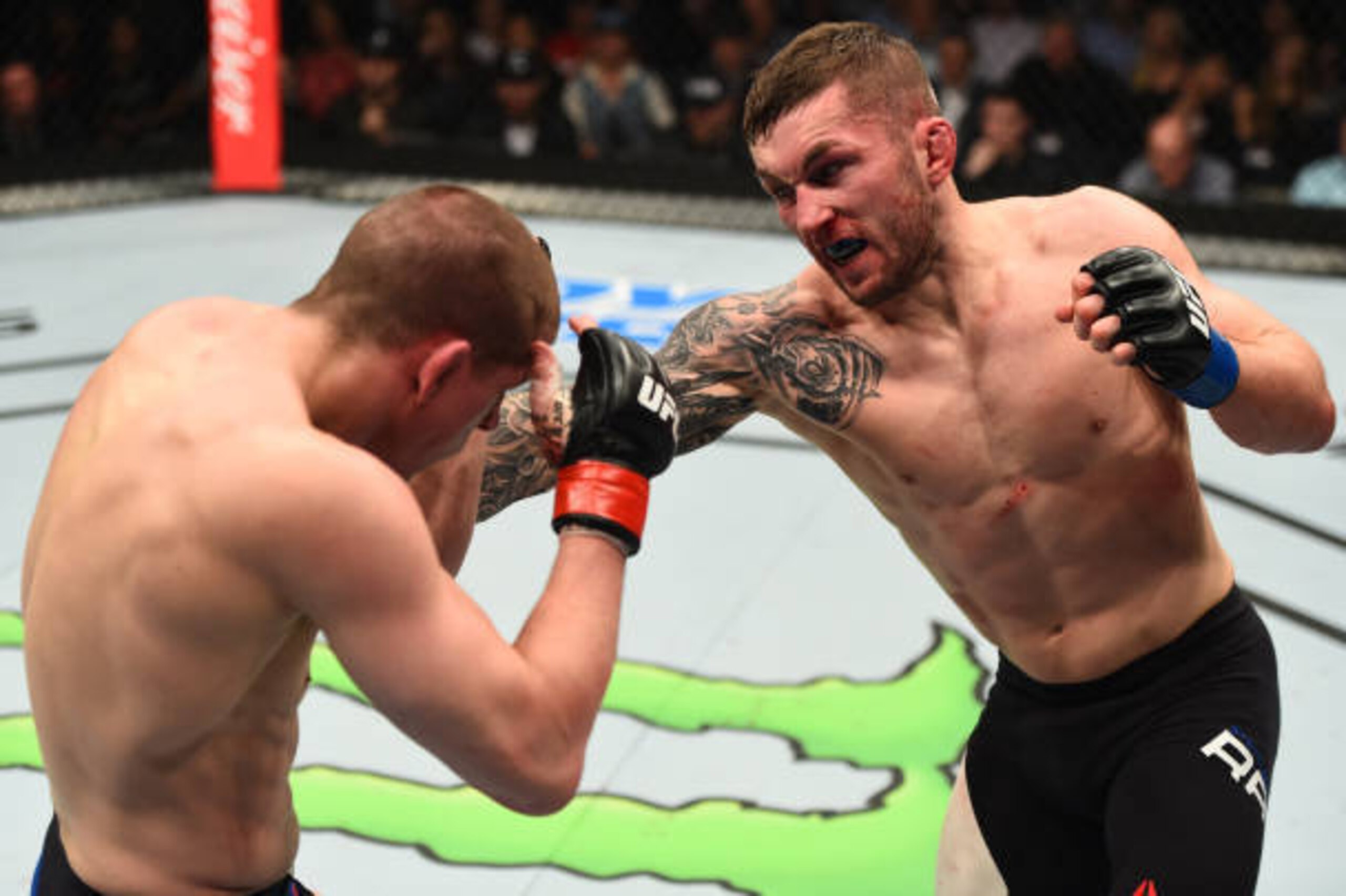 NASHVILLE, TN - APRIL 22:  (R-L) Stevie Ray of Scotland  punches Joe Lauzon in their lightweight bout during the UFC Fight Night event at Bridgestone Arena on April 22, 2017 in Nashville, Tennessee. (Photo by Jeff Bottari/Zuffa LLC/Zuffa LLC via Getty Ima