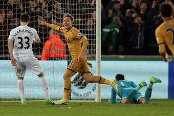 SWANSEA, WALES - APRIL 05: Christian Eriksen of Tottenham Hotspur celebrates his goal during the Premier League match between Swansea City and Tottenham Hotspur at The Liberty Stadium on April 5, 2017 in Swansea, Wales. (Photo by Athena Pictures/Getty Ima