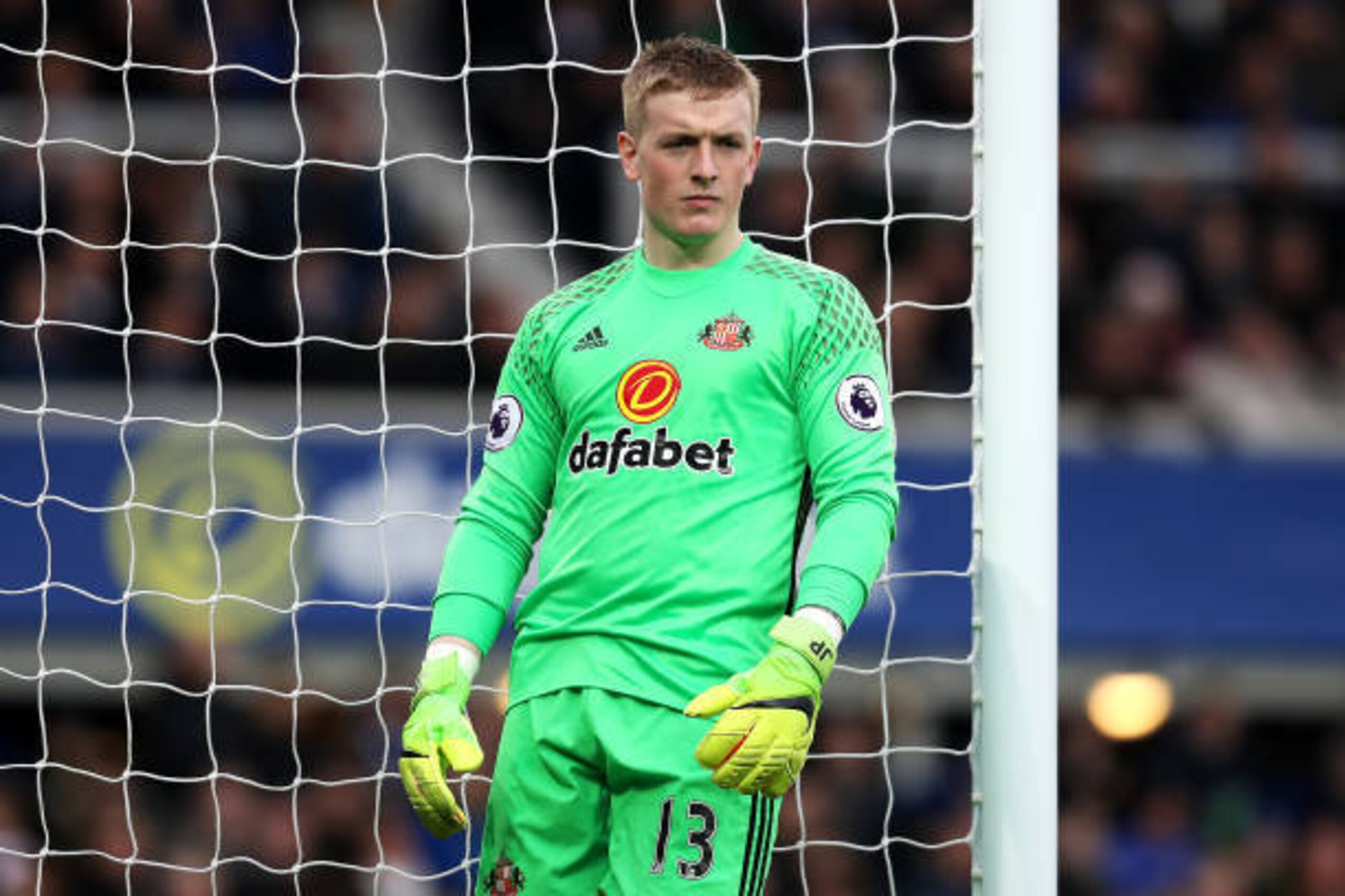 LIVERPOOL, ENGLAND - FEBRUARY 25: Jordan Pickford of Sunderland looks on during the Premier League match between Everton and Sunderland at Goodison Park on February 25, 2017 in Liverpool, England. (Photo by Chris Brunskill Ltd/Getty Images)