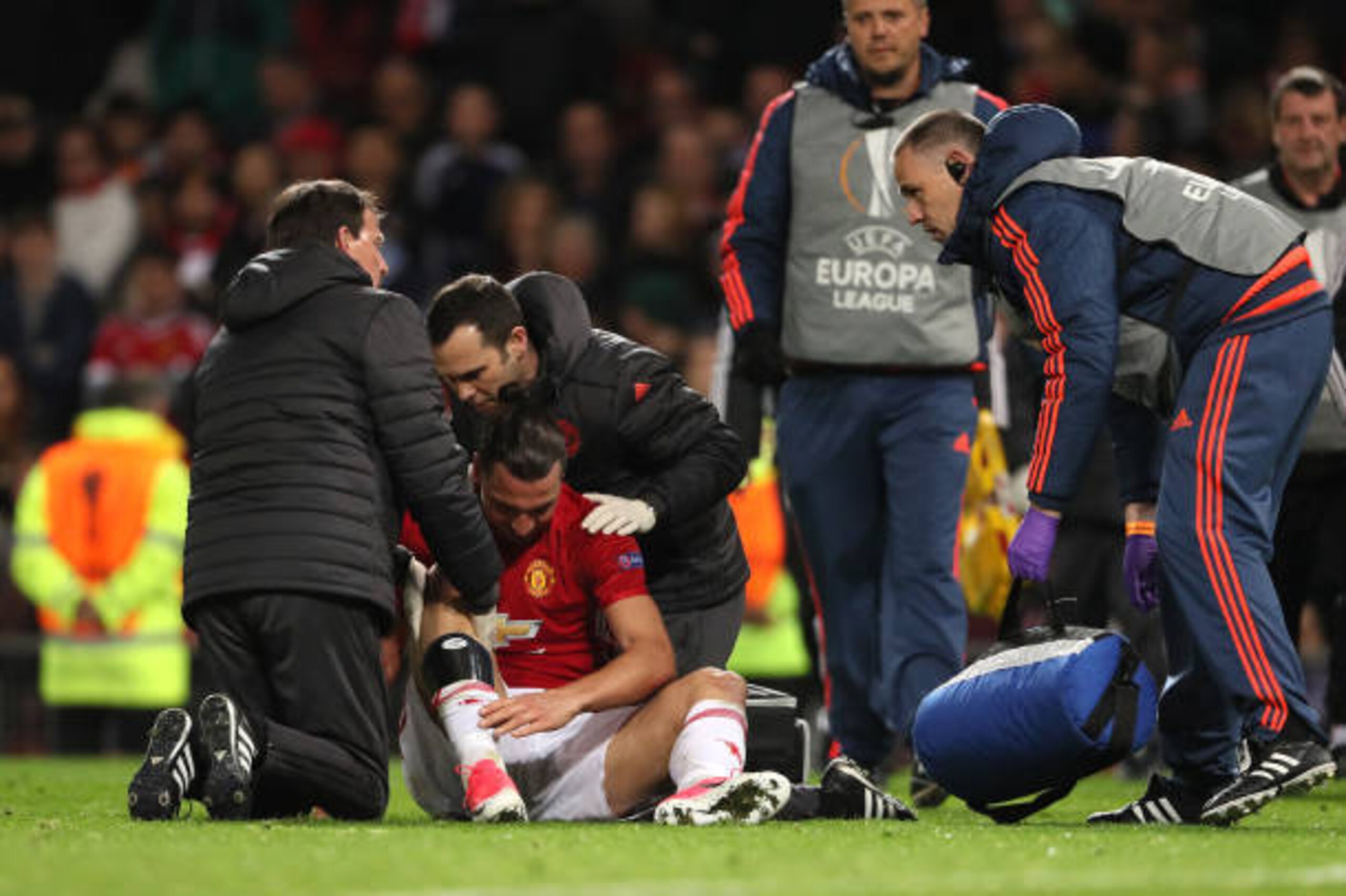 MANCHESTER, ENGLAND - APRIL 20:  Zlatan Ibrahimovic of Manchester United receives treatment during the UEFA Europa League quarter final second leg match between Manchester United and RSC Anderlecht at Old Trafford on March 20, 2017 in Manchester, United K