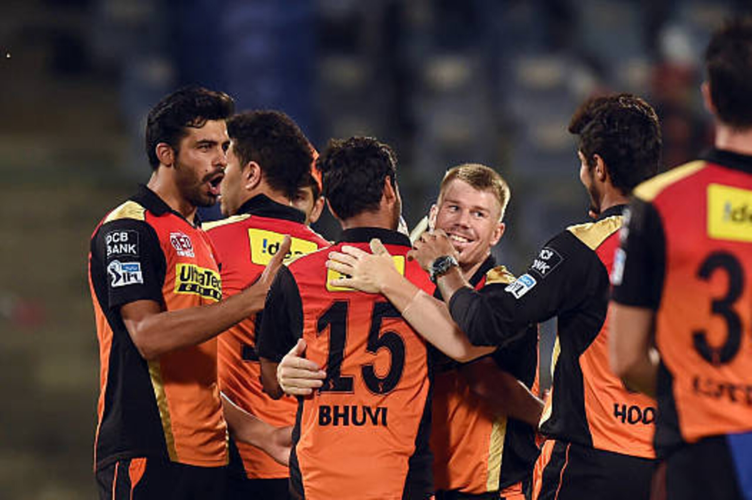 Sunrisers Hyderabad captain David Warner (C) celebrates the victory over Kolkata Knight Riders with teammates  during the 2016 Indian Premier League (IPL) Twenty20 eliminator cricket match between Kolkata Knight Riders and Sunrisers Hyderabad at the Feroz