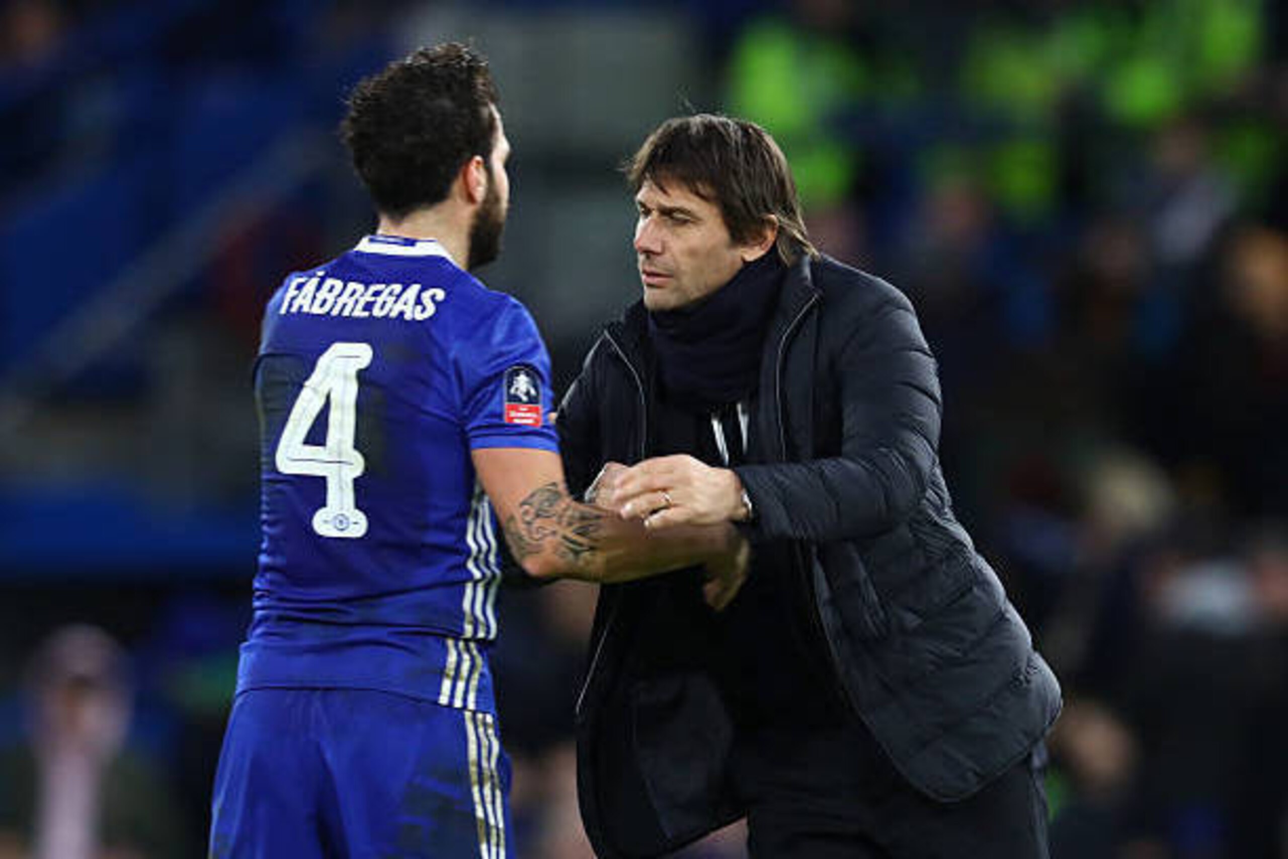 LONDON, ENGLAND - JANUARY 28: Antonio Conte, Manager of Chelsea speaks with Cesc Fabregas of Chelsea  during the Emirates FA Cup Fourth Round match between Chelsea and Brentford at Stamford Bridge on January 28, 2017 in London, England.  (Photo by Clive M