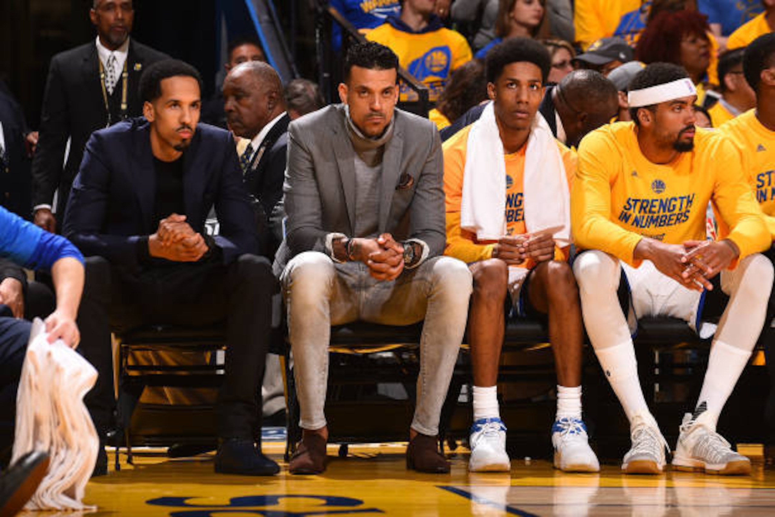 OAKLAND, CA - APRIL 19:  Shaun Livingston #34 and Matt Barnes #22 of the Golden State Warriors sit on the bench during Game Two of the Western Conference Quarterfinals against the Portland Trail Blazers during the 2017 NBA Playoffs on April 19, 2017 at OR
