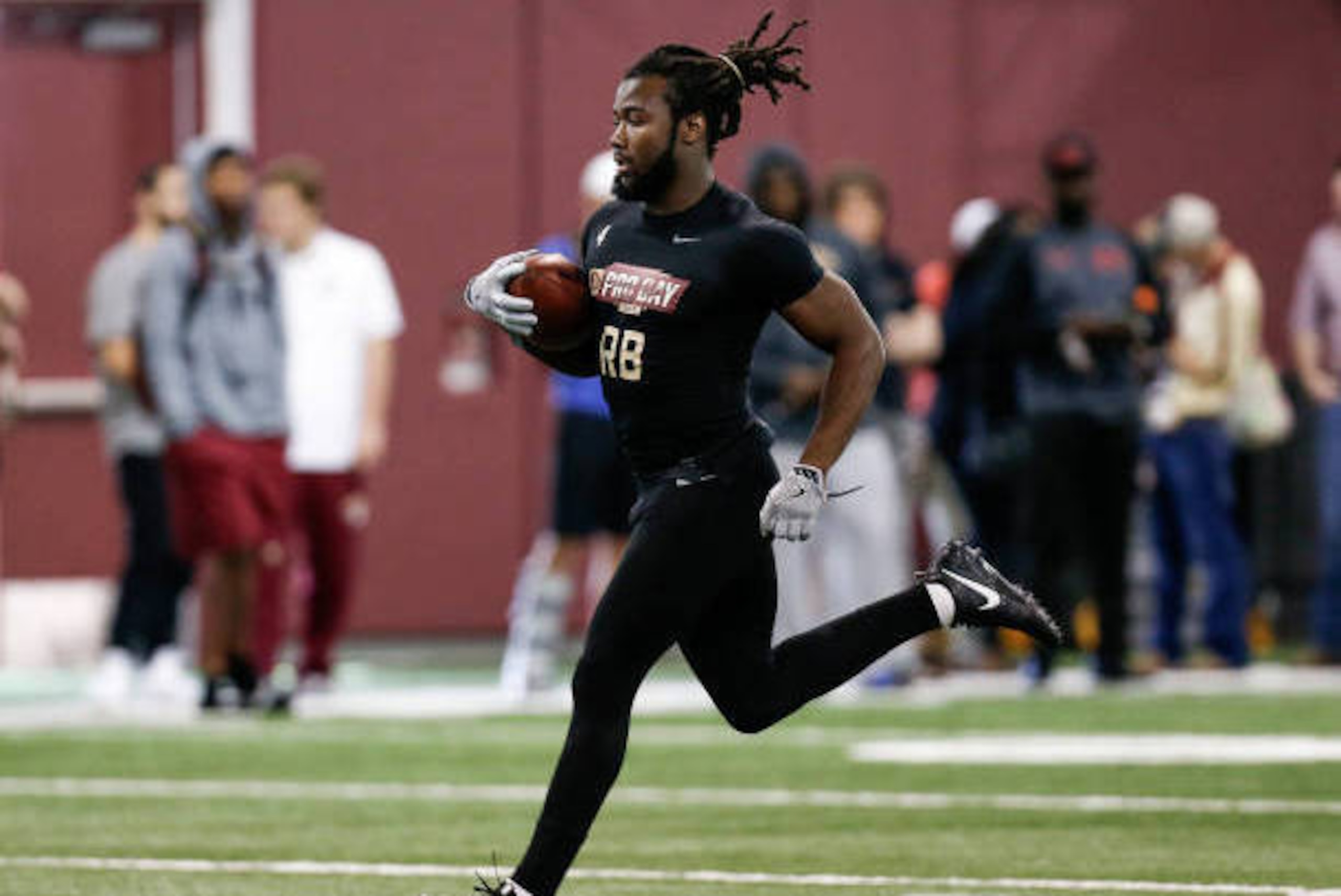 TALLAHASSEE, FL - MARCH 28: Runningback Dalvin Cook works out for NFL Scouts and Coaches during Florida State Pro Day at the Dunlap Training Facility on the campus of FSU on March 28, 2017 in Tallahassee, Florida. (Photo by Don Juan Moore/Getty Images)