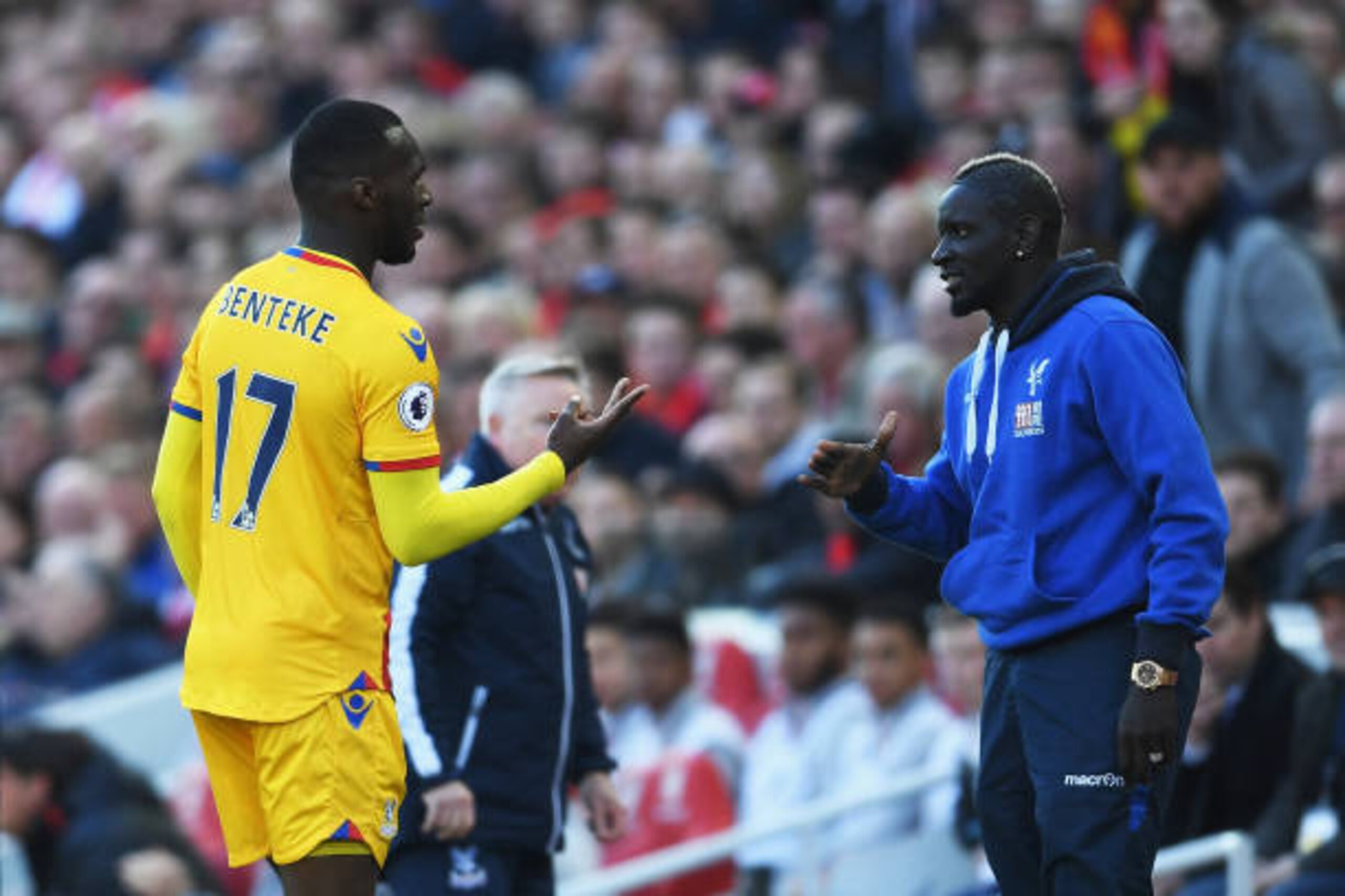 LIVERPOOL, ENGLAND - APRIL 23:  Christian Benteke (L) of Crystal Palace celebrates scoring his side's first goal with his team mate Bakary Sako (R) during the Premier League match between Liverpool and Crystal Palace at Anfield on April 23, 2017 in Liverp