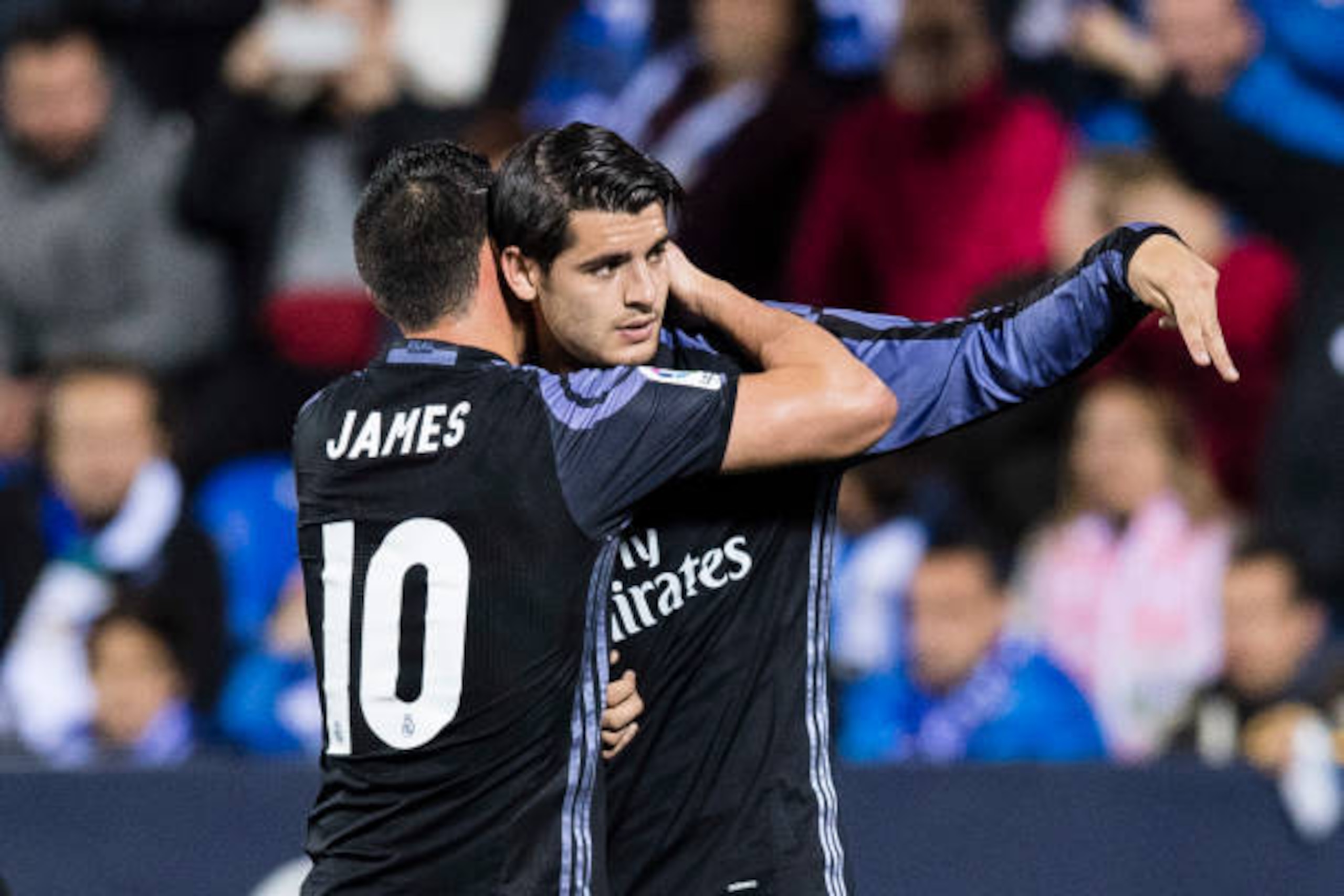 MADRID, SPAIN - APRIL 05: Alvaro Morata of Real Madrid celebrates with teammate James Rodriguez during their La Liga match between Deportivo Leganes and Real Madrid at the Estadio Municipal Butarque on 05 April 2017 in Madrid, Spain. (Photo by Power Sport