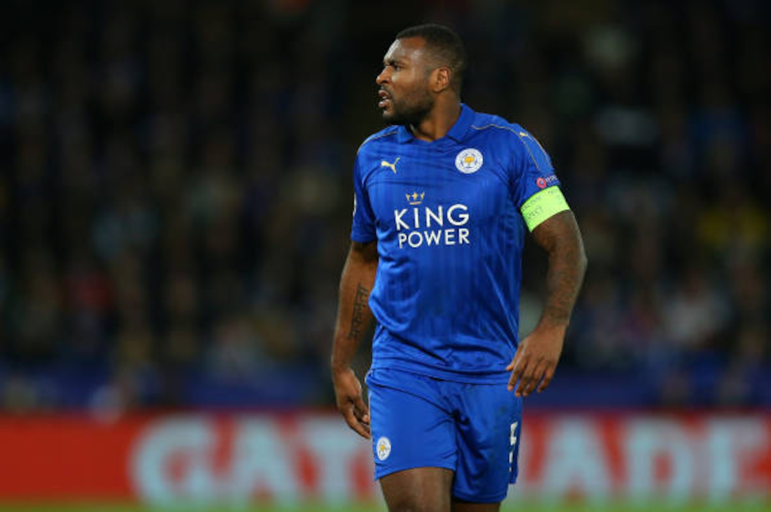 LEICESTER, ENGLAND - APRIL 18: Wes Morgan of Leicester City during the UEFA Champions League Quarter Final second leg match between Leicester City and Club Atletico de Madrid at The King Power Stadium on April 18, 2017 in Leicester, United Kingdom. (Photo