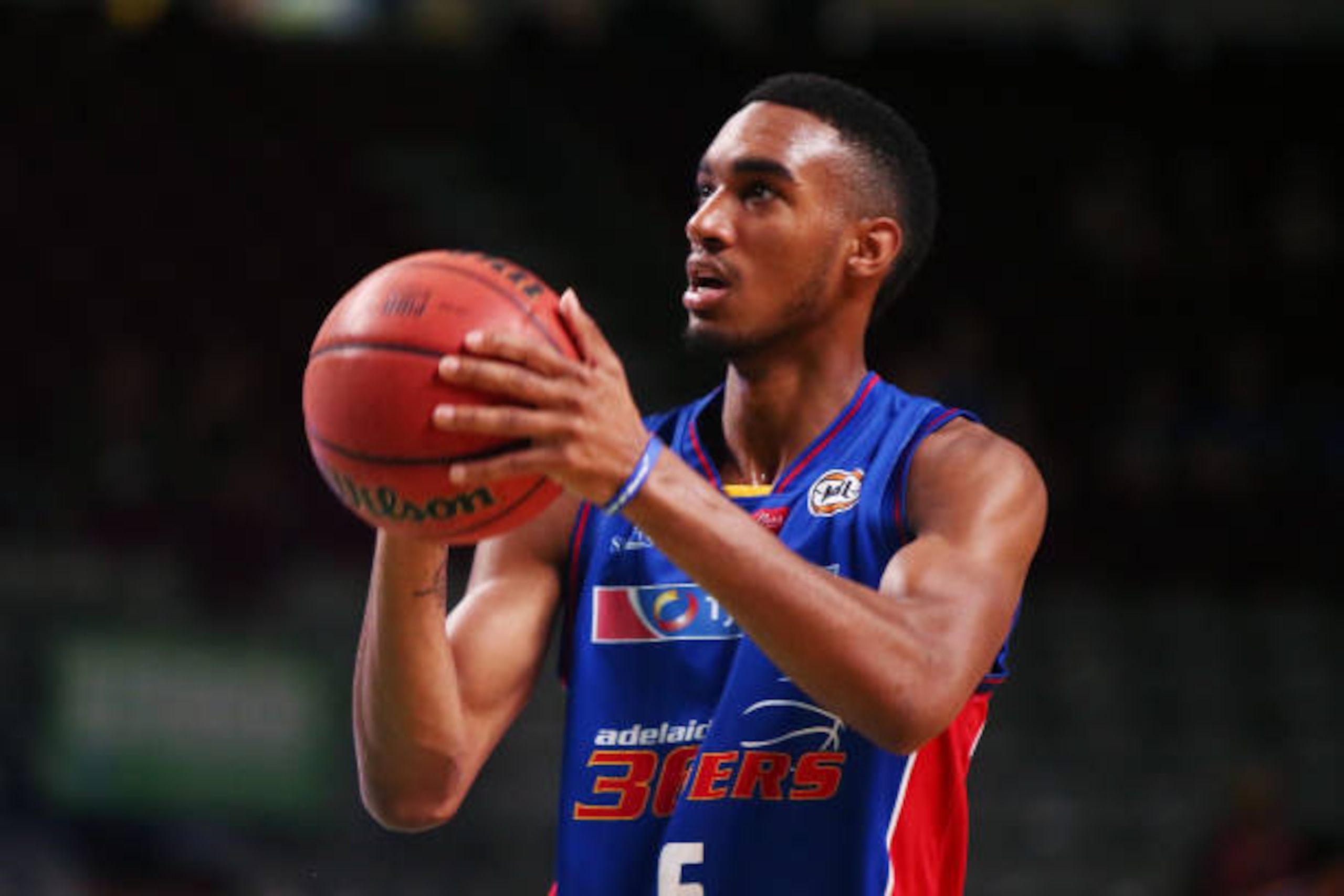 ADELAIDE, AUSTRALIA - FEBRUARY 11:  Terrance Ferguson of the Adelaide 36ers warm up before the round 19 NBL match between the Adelaide 36ers and the Cairns Taipans at Titanium Security Arena on February 11, 2017 in Adelaide, Australia.  (Photo by Morne de