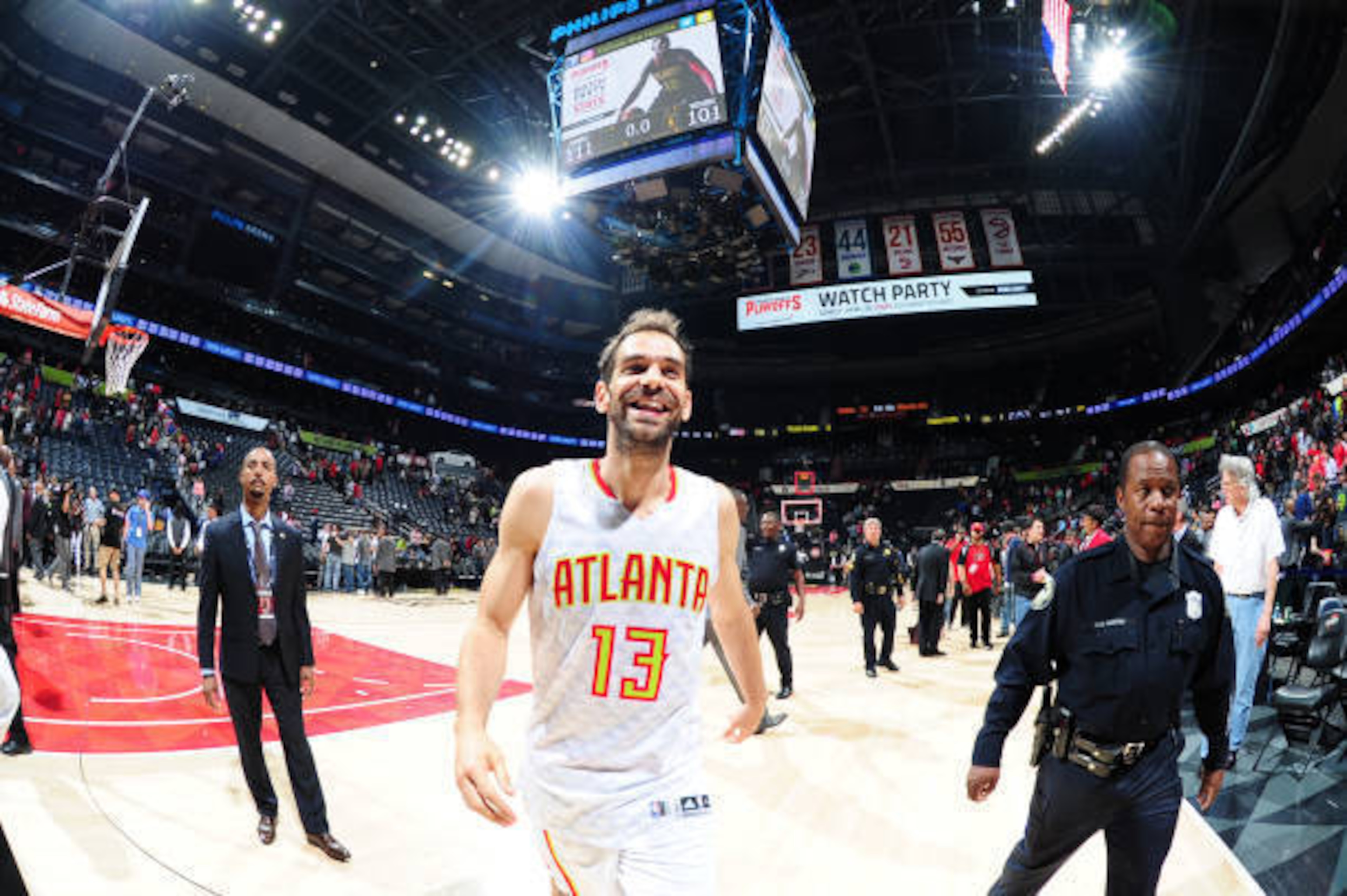 ATLANTA, GA - APRIL 24: Jose Calderon #13 of the Atlanta Hawks celebrates after Game Four of the Eastern Conference Quarterfinals of the 2017 NBA Playoffs on April 24, 2017 at Philips Arena in Atlanta, Georgia. NOTE TO USER: User expressly acknowledges a ATLANTA, GA - APRIL 24: Jose Calderon #13 of the Atlanta Hawks celebrates after Game Four of the Eastern Conference Quarterfinals of the 2017 NBA Playoffs on April 24, 2017 at Philips Arena in Atlanta, Georgia. NOTE TO USER: User expressly acknowledges a