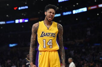 LOS ANGELES, CA - APRIL 11: Brandon Ingram #14 of the Los Angeles Lakers celebrates after a slam dunk against New Orleans Pelicans during the second half of the basketball game at Staples Center April 11, 2017, in Los Angeles, California. NOTE TO USER: Us