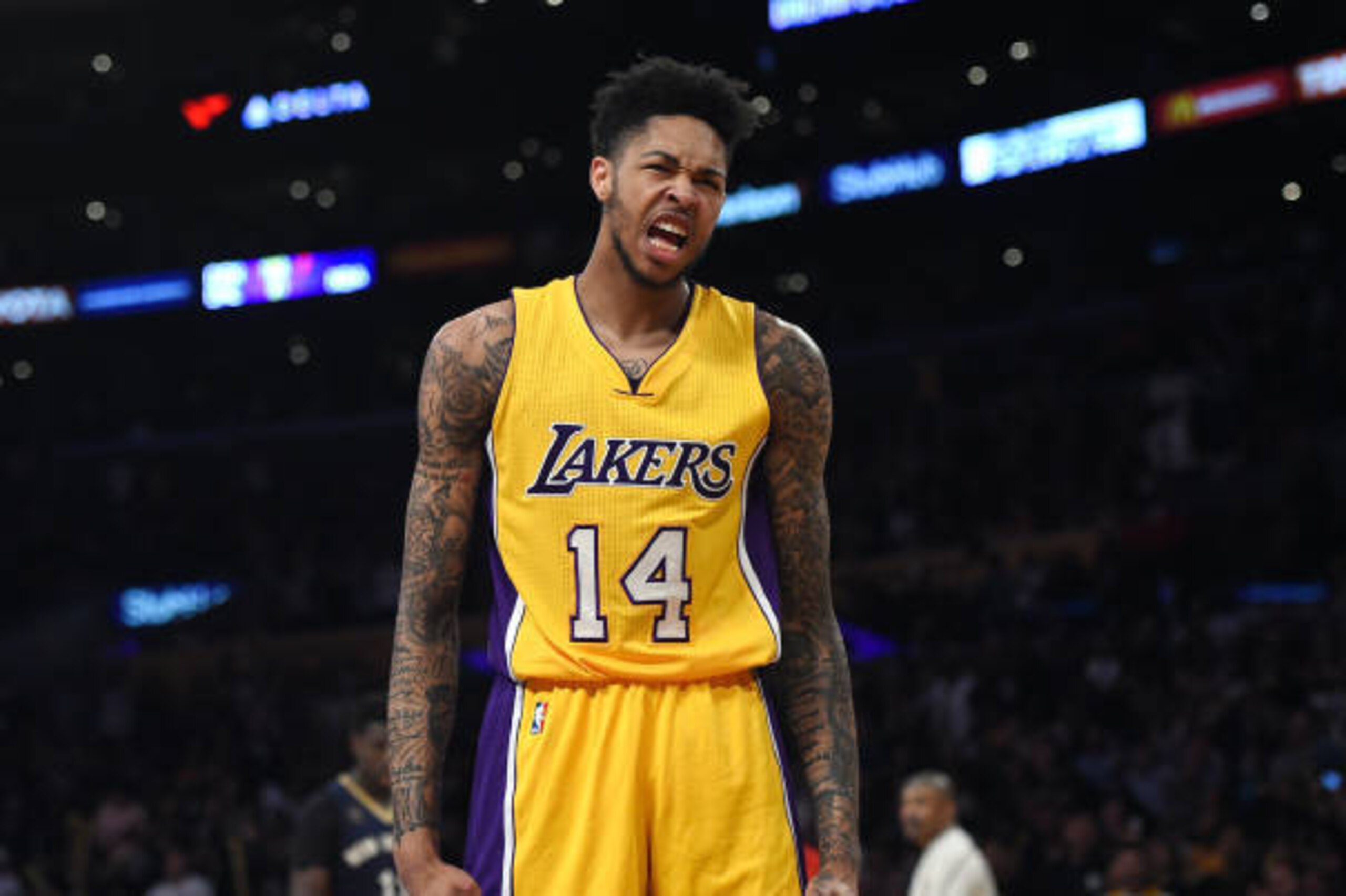 LOS ANGELES, CA - APRIL 11: Brandon Ingram #14 of the Los Angeles Lakers celebrates after a slam dunk against New Orleans Pelicans during the second half of the basketball game at Staples Center April 11, 2017, in Los Angeles, California. NOTE TO USER: Us