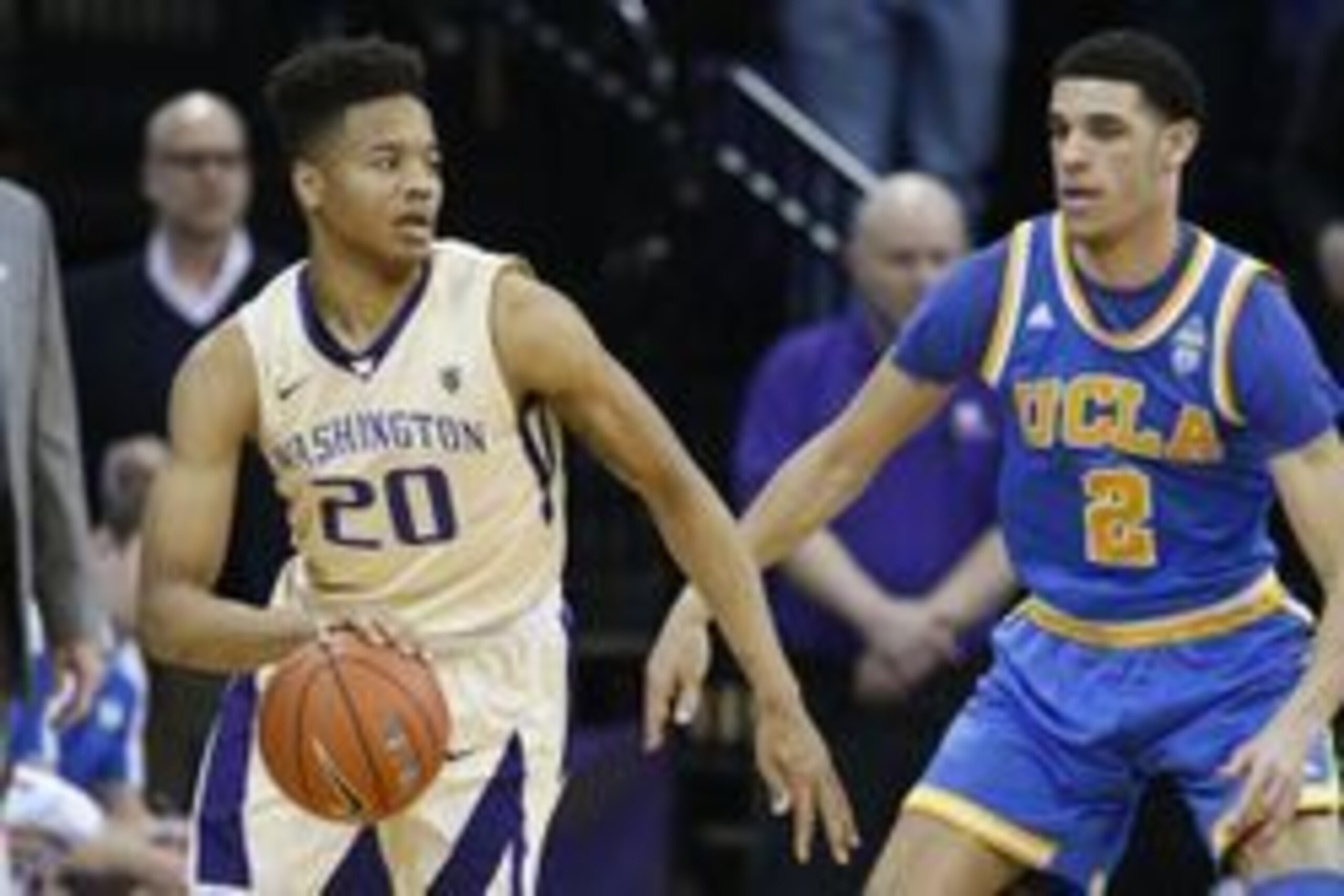 Feb 4, 2017; Seattle, WA, USA; Washington Huskies guard Markelle Fultz (20) dribbles against UCLA Bruins guard Lonzo Ball (2) during the first half at Alaska Airlines Arena at Hec Edmundson Pavilion. Mandatory Credit: Jennifer Buchanan-USA TODAY Sports