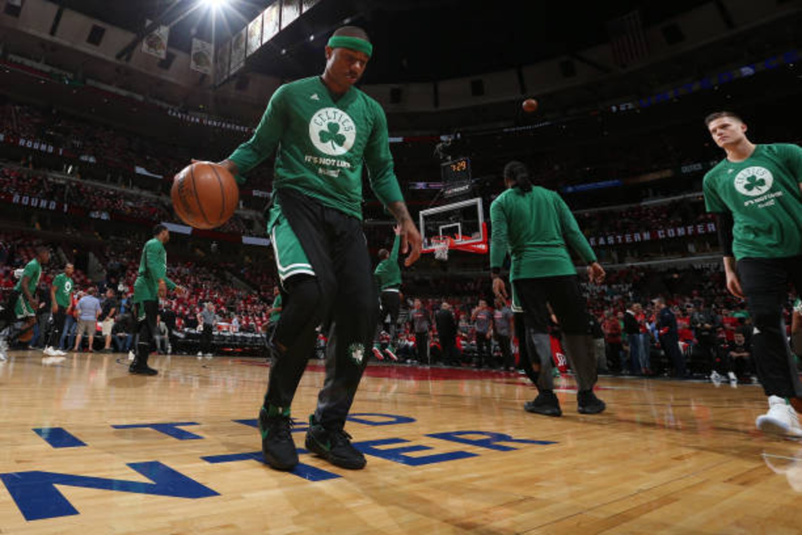 CHICAGO, IL - APRIL 23:  Isaiah Thomas #4 of the Boston Celtics warms up before Game Four of the Eastern Quarterfinals against the Chicago Bulls of the 2017 NBA Playoffs on April 23, 2017 at the United Center in Chicago, Illinois. NOTE TO USER: User expre