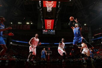 HOUSTON, TX - APRIL 25: Russell Westbrook #0 of the Oklahoma City Thunder shoots the ball during the game against the Houston Rockets in Game Five of the Western Conference Quarterfinals during the 2017 NBA Playoffs on April 25, 2017 at the Toyota Center 