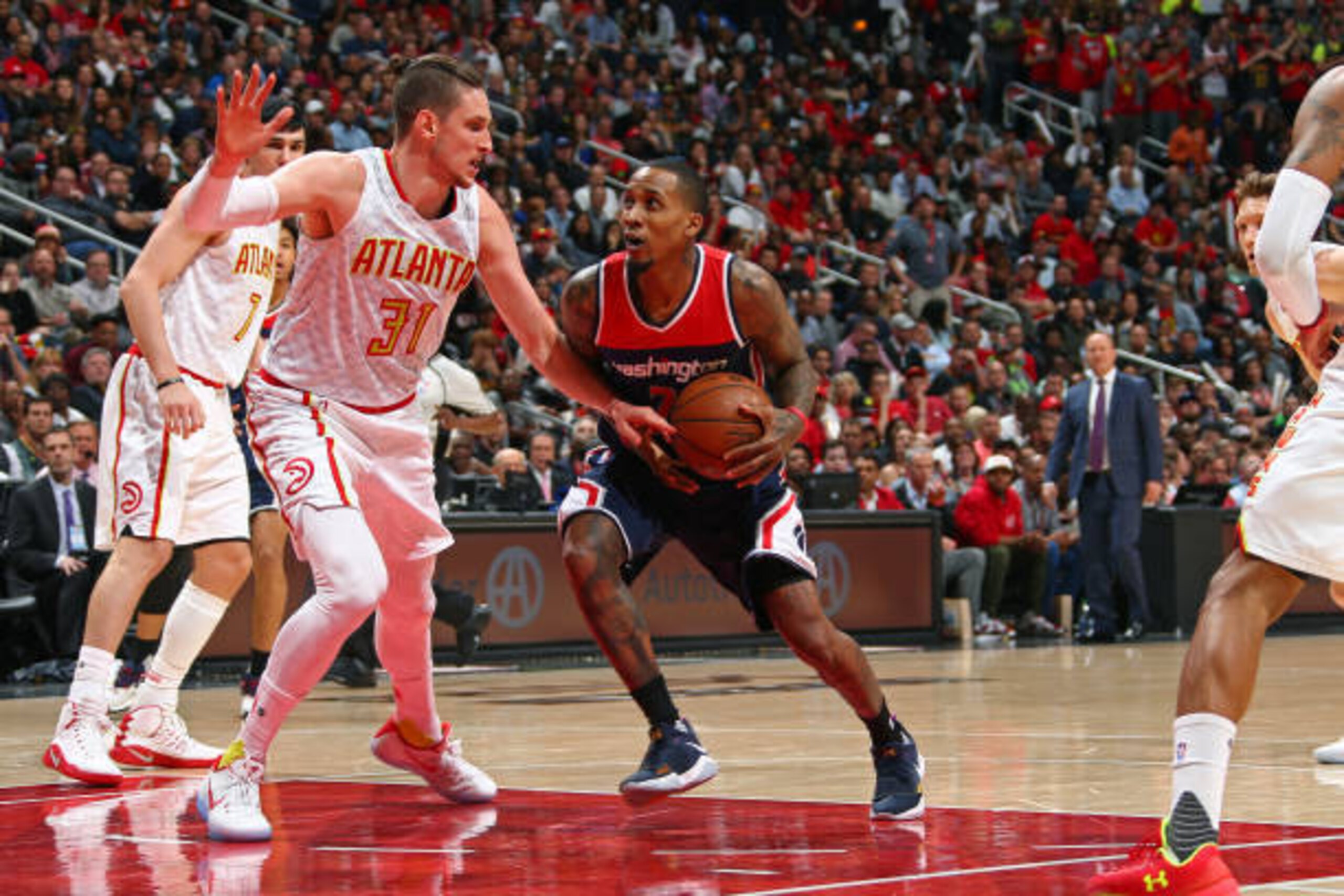 ATLANTA, GA - APRIL 24:  Brandon Jennings #7 of the Washington Wizards drives to the basket against the Atlanta Hawks during Game Four of the Eastern Conference Quarterfinals of the 2017 NBA Playoffs on April 24, 2017 at Philips Arena in Atlanta, Georgia.