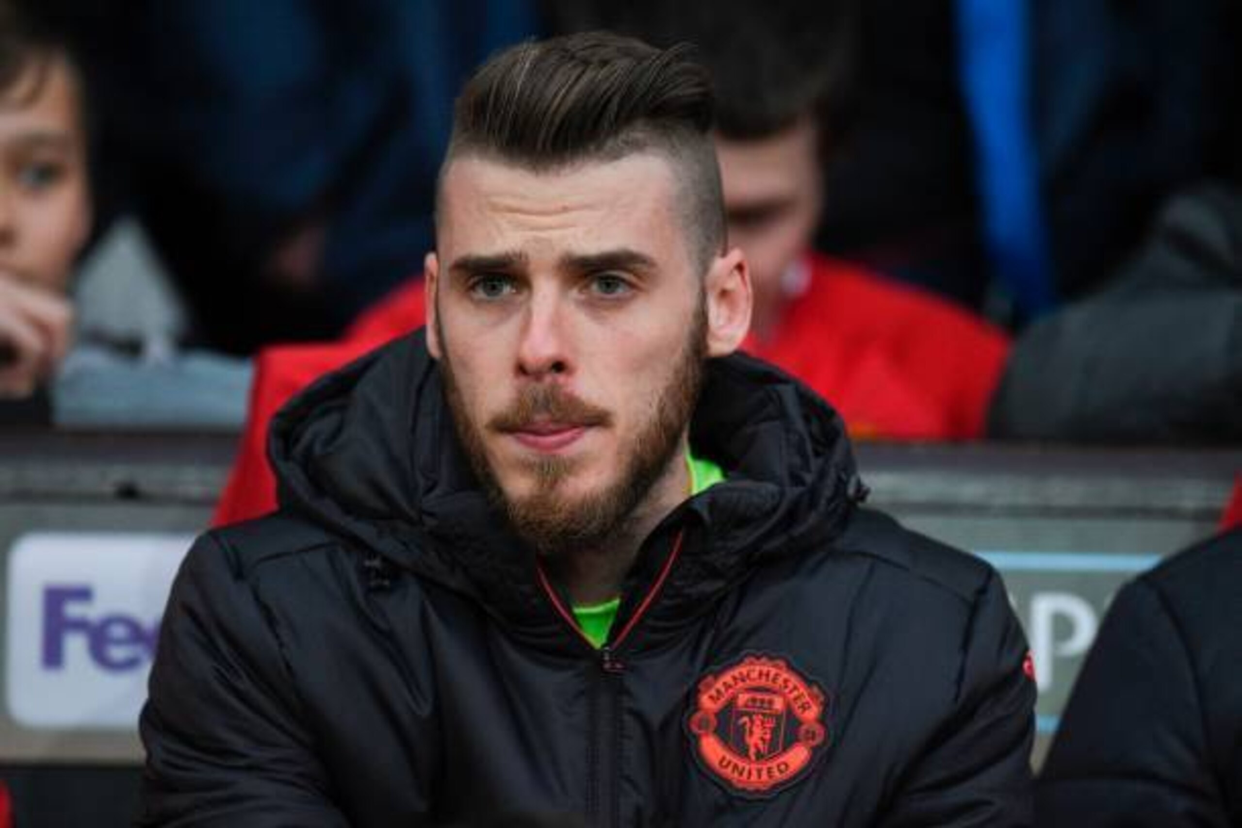 Manchester United's Spanish goalkeeper David de Gea sits on the bench before the UEFA Europa League quarter-final second leg football match between Manchester United and Anderlecht at Old Trafford in Manchester, north west England, on April 20, 2017. / AF