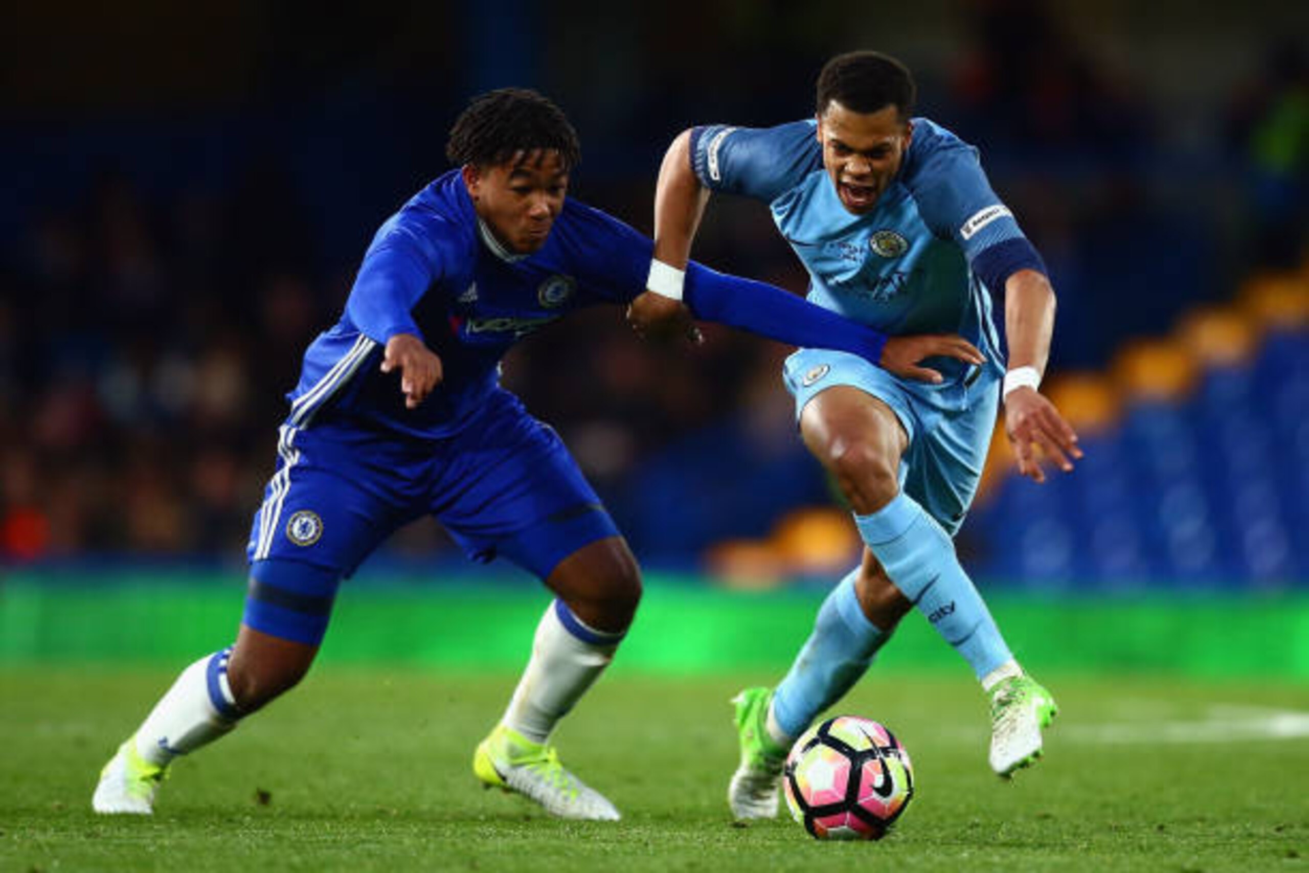 LONDON, ENGLAND - APRIL 26:  Lukas Nmecha of Manchester City and Reece James of Chelsea in action during the FA Youth Cup Final, second leg between Chelsea and Mancherster City at Stamford Bridge on April 26, 2017 in London, England.  (Photo by Jordan Man