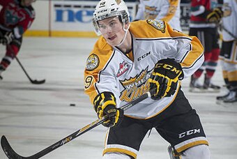 KELOWNA, CANADA - OCTOBER 25: Nolan Patrick #19 of Brandon Wheat Kings shoots on net during warm up against the Kelowna Rockets on October 25, 2014 at Prospera Place in Kelowna, British Columbia, Canada.  (Photo by Marissa Baecker/Getty Images)