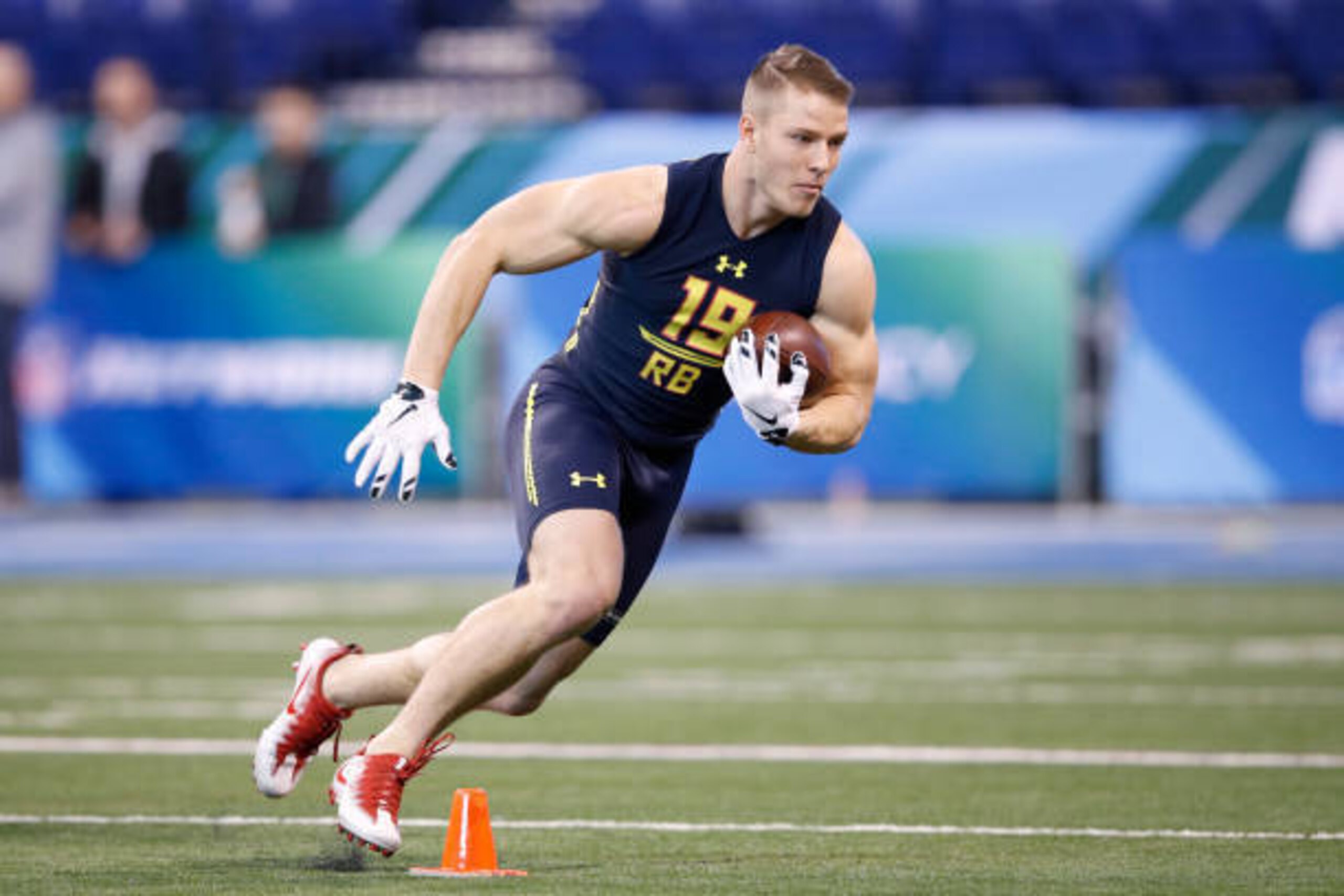 INDIANAPOLIS, IN - MARCH 03: Running back Christian McCaffrey of Stanford runs with the ball during a drill on day three of the NFL Combine at Lucas Oil Stadium on March 3, 2017 in Indianapolis, Indiana. (Photo by Joe Robbins/Getty Images) INDIANAPOLIS, IN - MARCH 03: Running back Christian McCaffrey of Stanford runs with the ball during a drill on day three of the NFL Combine at Lucas Oil Stadium on March 3, 2017 in Indianapolis, Indiana. (Photo by Joe Robbins/Getty Images)