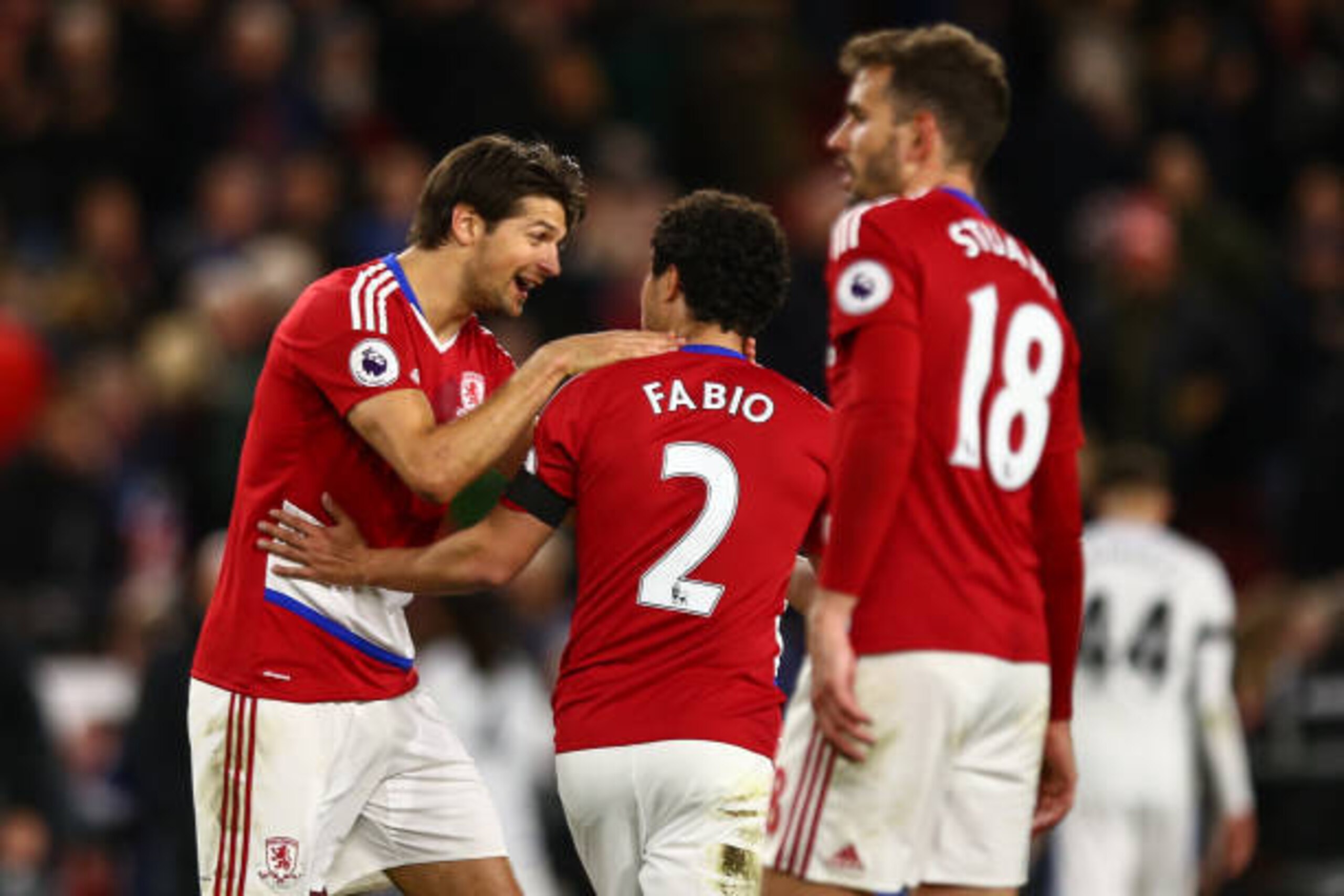 MIDDLESBROUGH, ENGLAND - APRIL 26: George Friend of Middlesbrough and Fabio of Middlesbrough celebrate at full time during the Premier League match between Middlesbrough and Sunderland at Riverside Stadium on April 26, 2017 in Middlesbrough, England. (Pho