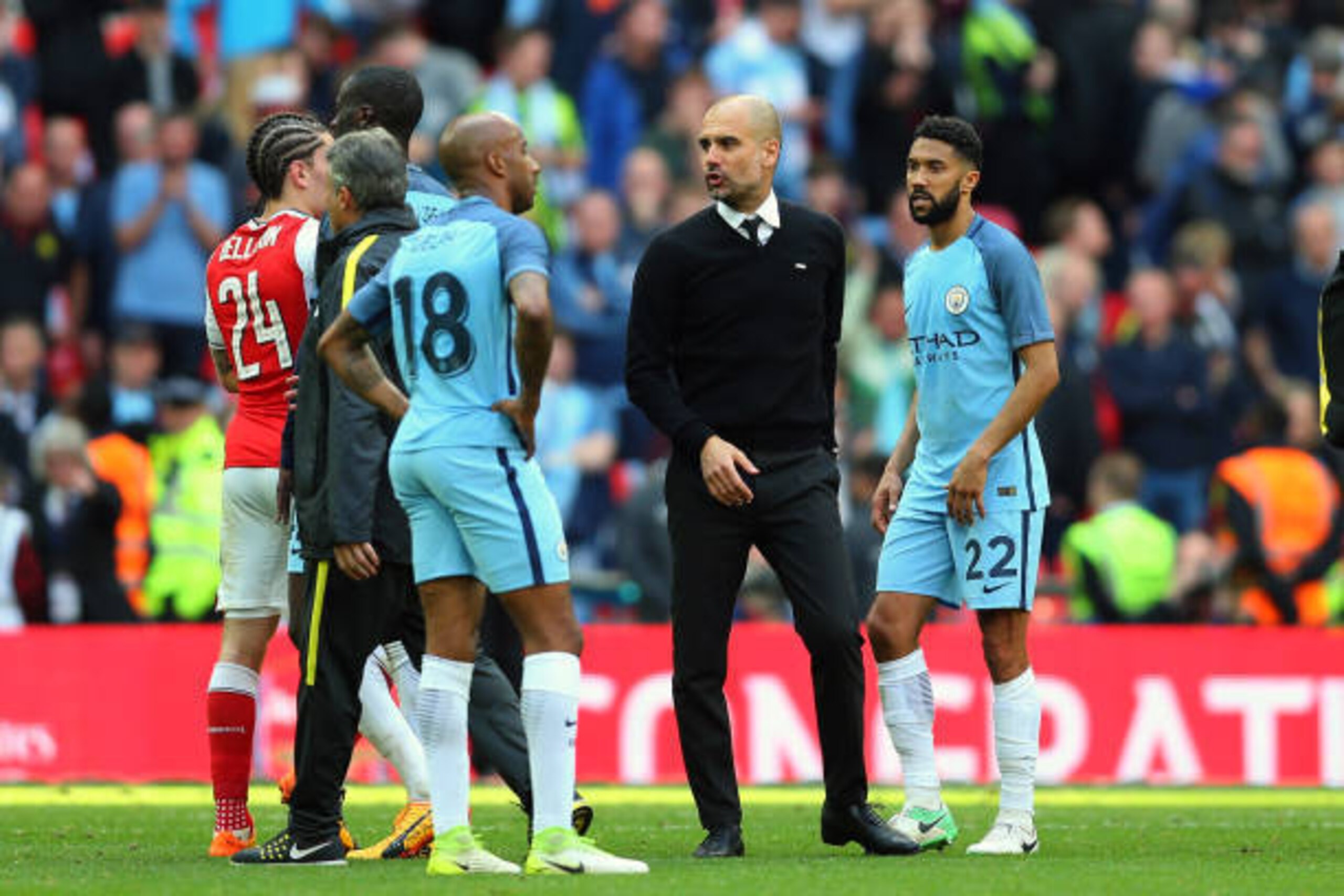 LONDON, ENGLAND - APRIL 23: Pep Guardiola the head coach / manager of Manchester City with his players after the Emirates FA Cup semi-final match between Arsenal and Manchester City at Wembley Stadium on April 23, 2017 in London, England. (Photo by Cather