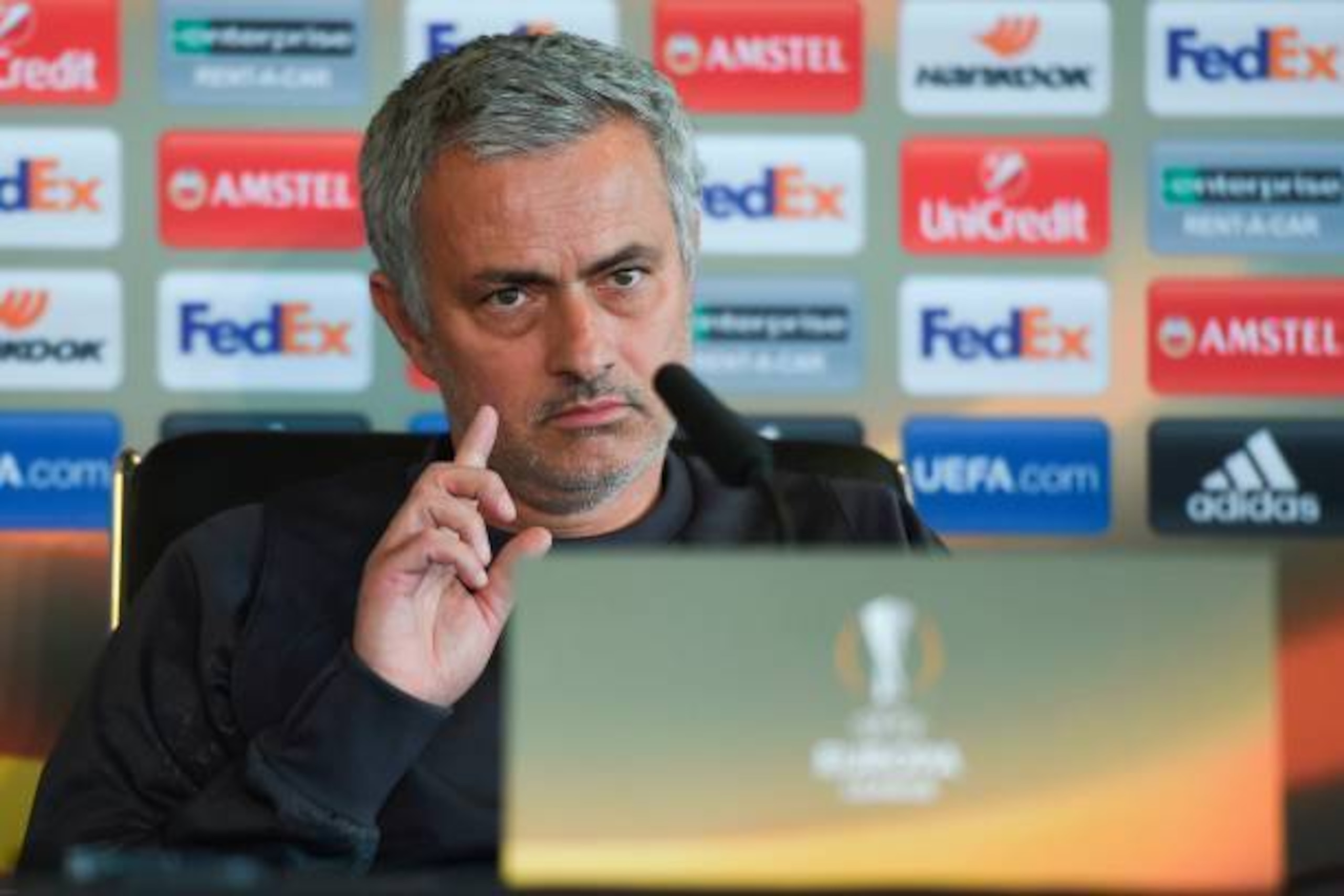 Manchester United's Portuguese manager Jose Mourinho gestures as he refuses to answer a question at a press conference at the club's training complex near Carrington, west of Manchester in northwest England on April 19, 2017 ahead of their UEFA Europa Lea