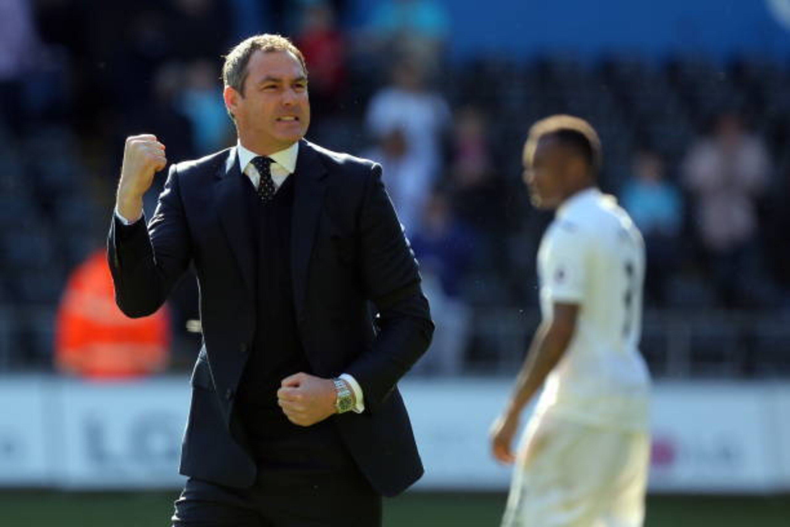 SWANSEA, WALES - APRIL 22: Manager of Swansea City, Paul Clement celebrates his team's win after the Premier League match between Swansea City and Stoke City at The Liberty Stadium on April 22, 2017 in Swansea, Wales. (Photo by Athena Pictures/Getty Image
