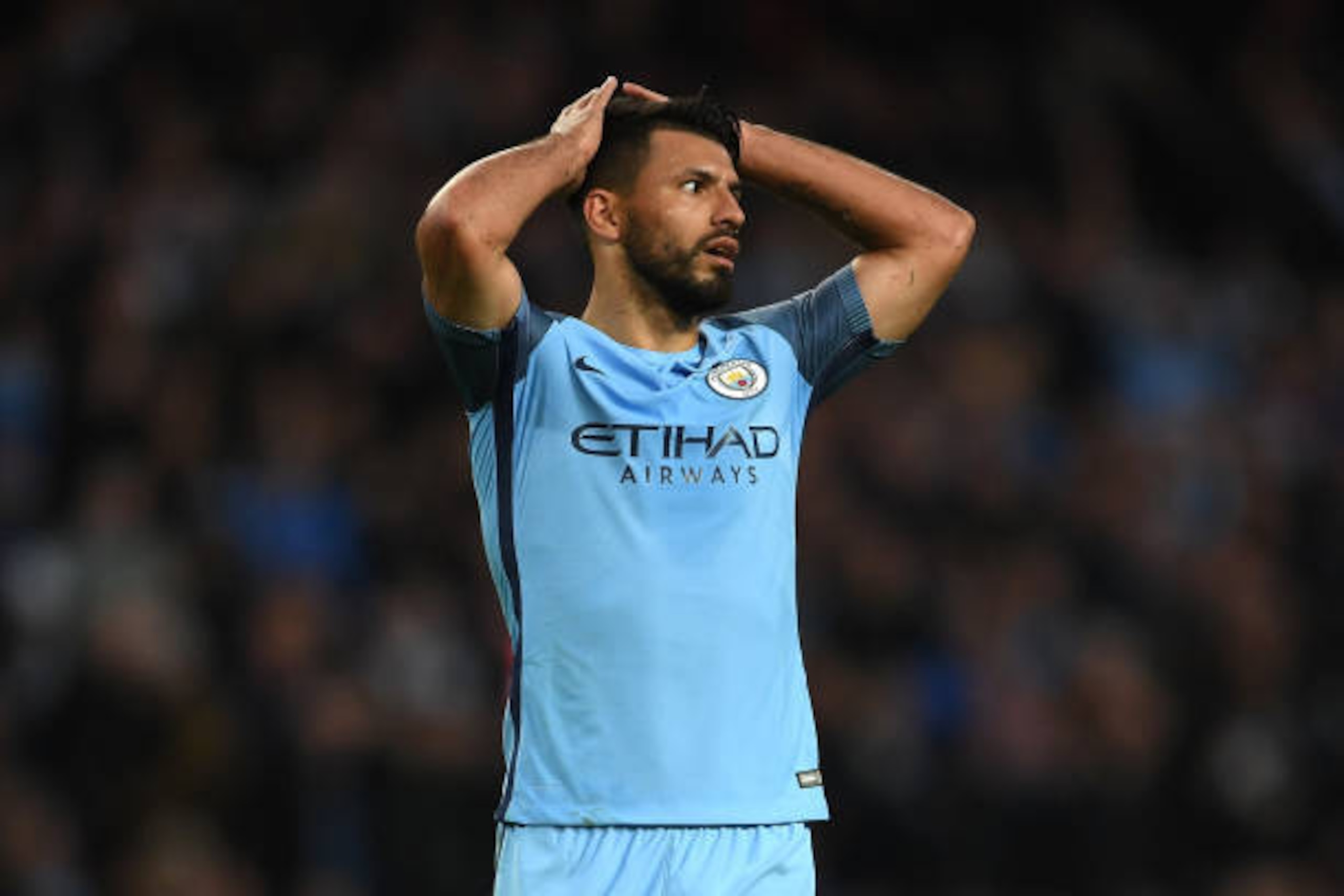 MANCHESTER, ENGLAND - APRIL 27:  Sergio Aguero of Manchester City reacts to a missed chance during the Premier League match between Manchester City and Manchester United at Etihad Stadium on April 27, 2017 in Manchester, England.  (Photo by Laurence Griff