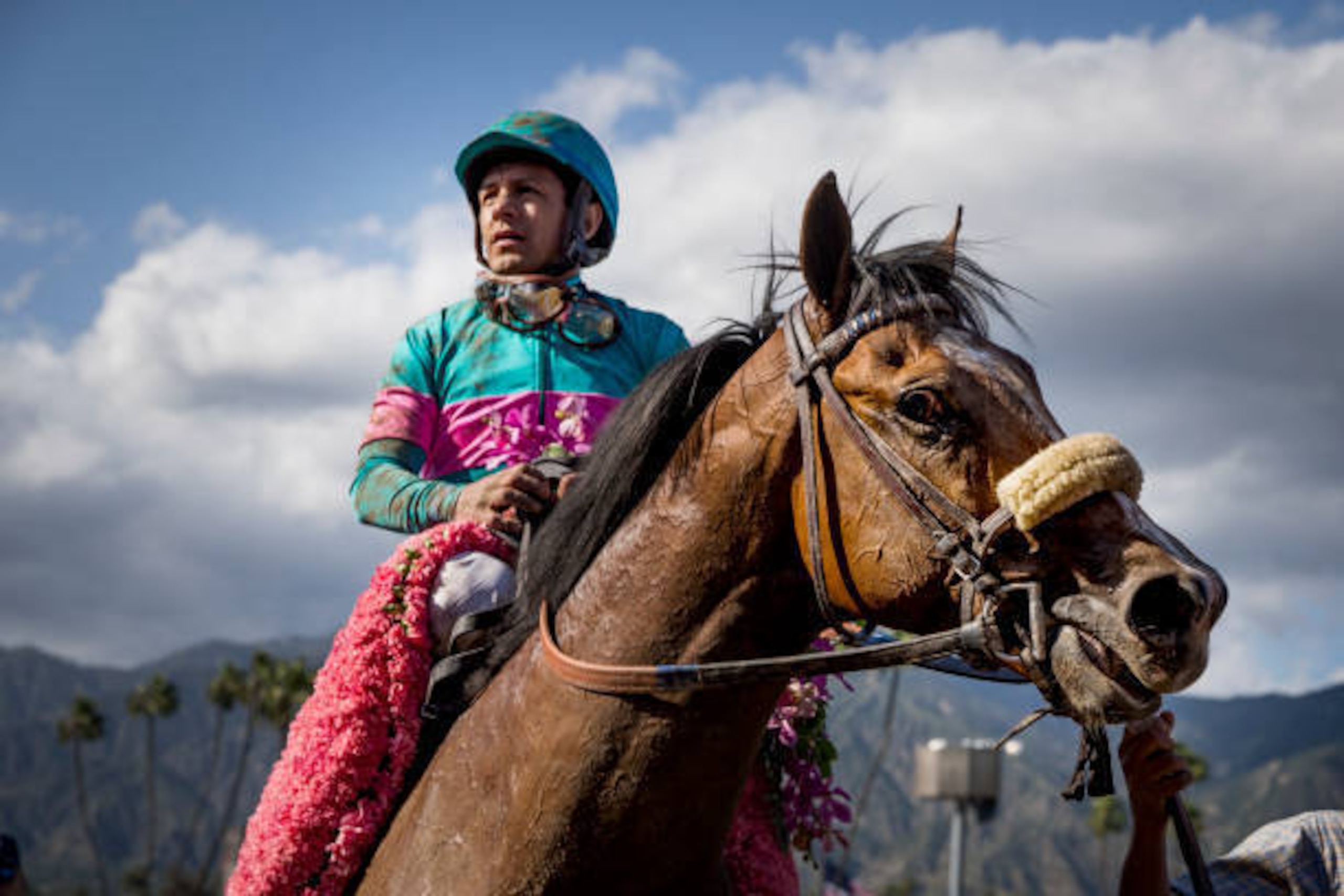 ARCADIA, CA - APRIL 08: Gormley #8, ridden by Victor Espinoza, is led to the winner's circle after winning the Santa Anita Derby at Santa Anita Park on April 8, 2017 in Arcadia, California. (Photo by Alex Evers/Eclipse Sportswire/Getty Images)