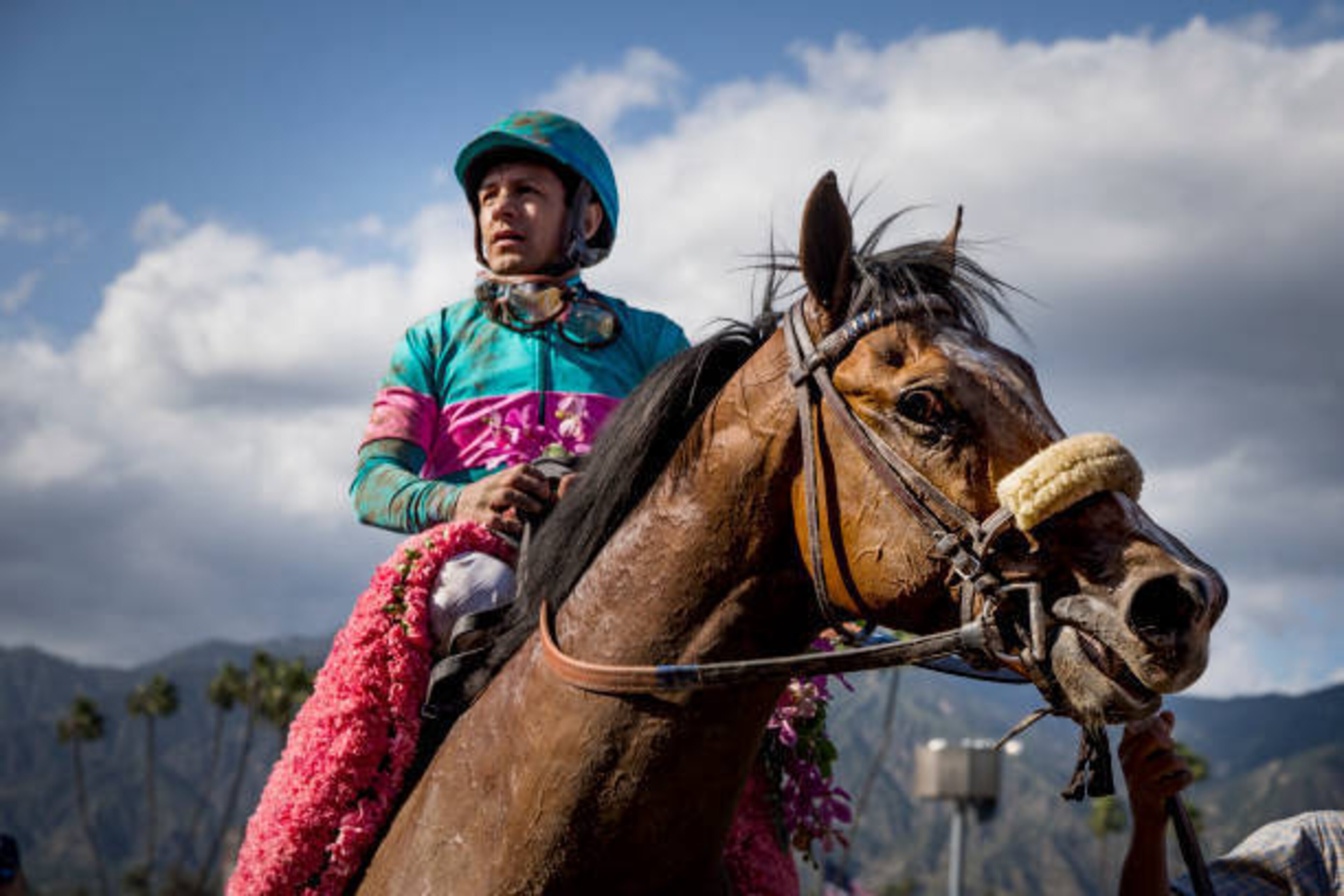ARCADIA, CA - APRIL 08: Gormley #8, ridden by Victor Espinoza, is led to the winner's circle after winning the Santa Anita Derby at Santa Anita Park on April 8, 2017 in Arcadia, California. (Photo by Alex Evers/Eclipse Sportswire/Getty Images)