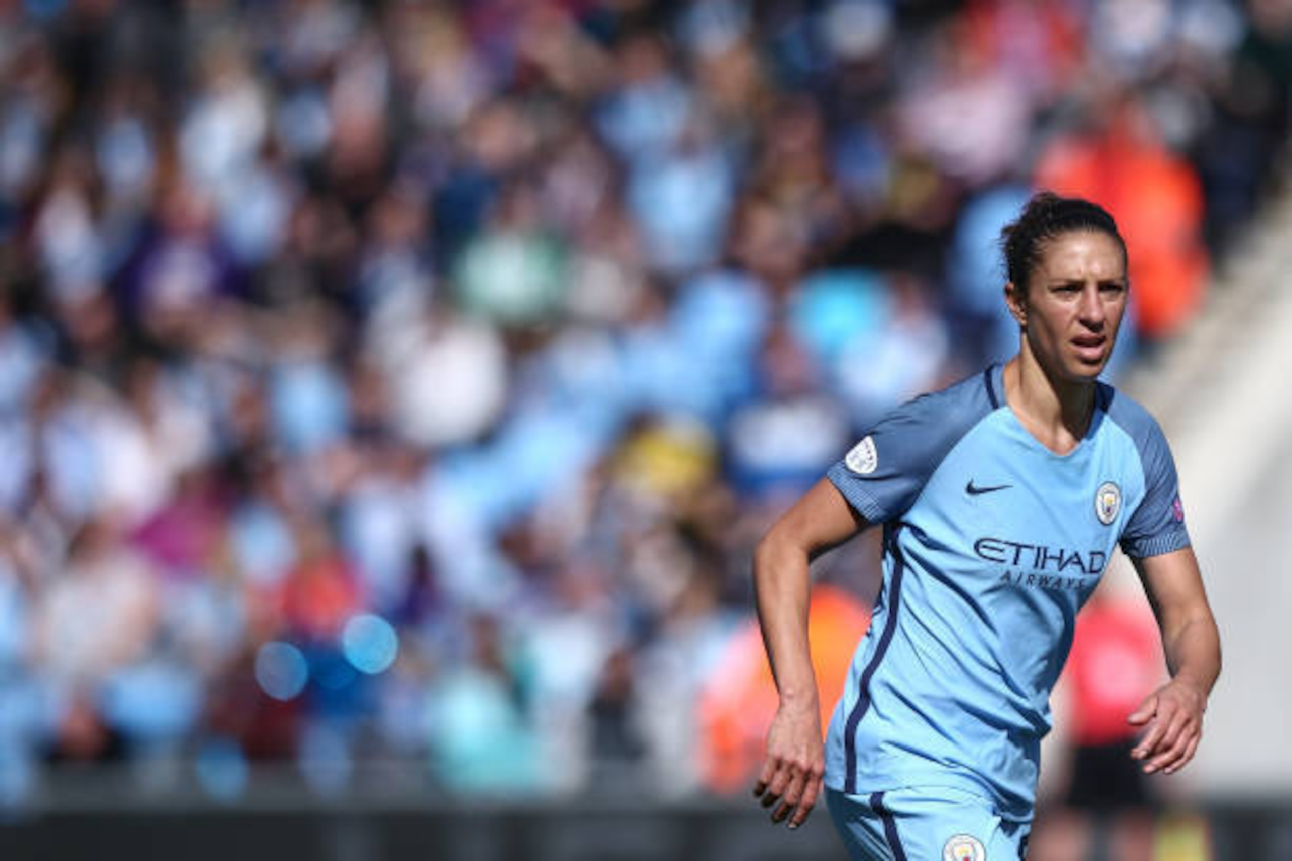 MANCHESTER, ENGLAND - APRIL 22: Carli Lloyd of Manchester City Women during the UEFA Women's Champions League semi final first leg match between Manchester City Ladies and Lyon on April 22, 2017 in Manchester, England. (Photo by Robbie Jay Barratt - AMA/G