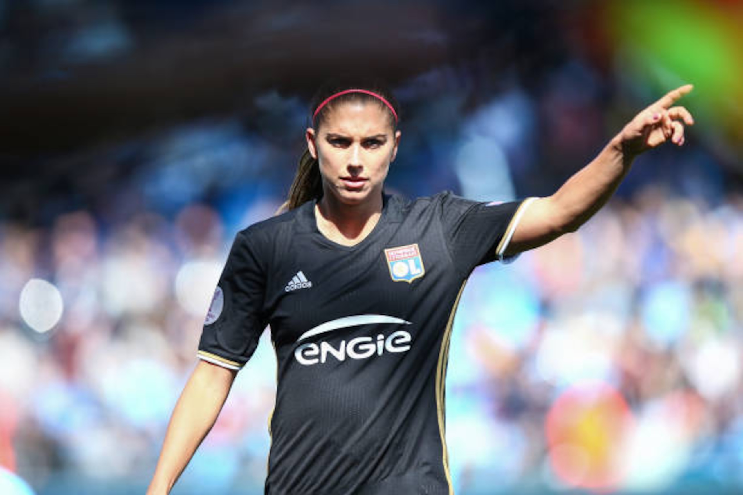 MANCHESTER, ENGLAND - APRIL 22: Alex Morgan of Olympique Lyonnais during the UEFA Women's Champions League semi final first leg match between Manchester City Ladies and Lyon on April 22, 2017 in Manchester, England. (Photo by Robbie Jay Barratt - AMA/Gett