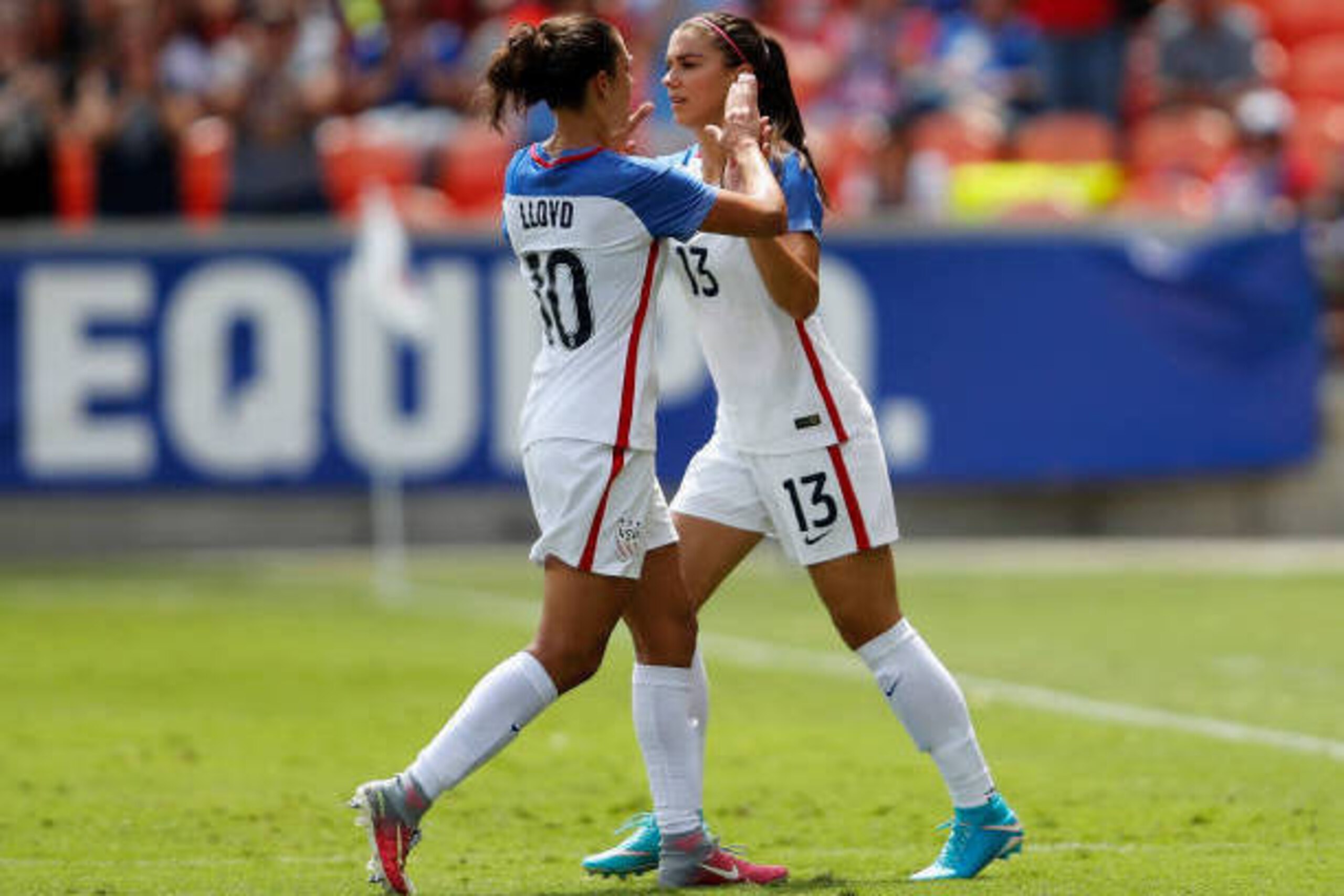 HOUSTON, TX - APRIL 09: Alex Morgan #13 of the U.S. substitutes for Carli Lloyd #10 in the second half against Russia during the International Friendly soccer match at BBVA Compass Stadium on April 9, 2017 in Houston, Texas.  (Photo by Tim Warner/Getty Im