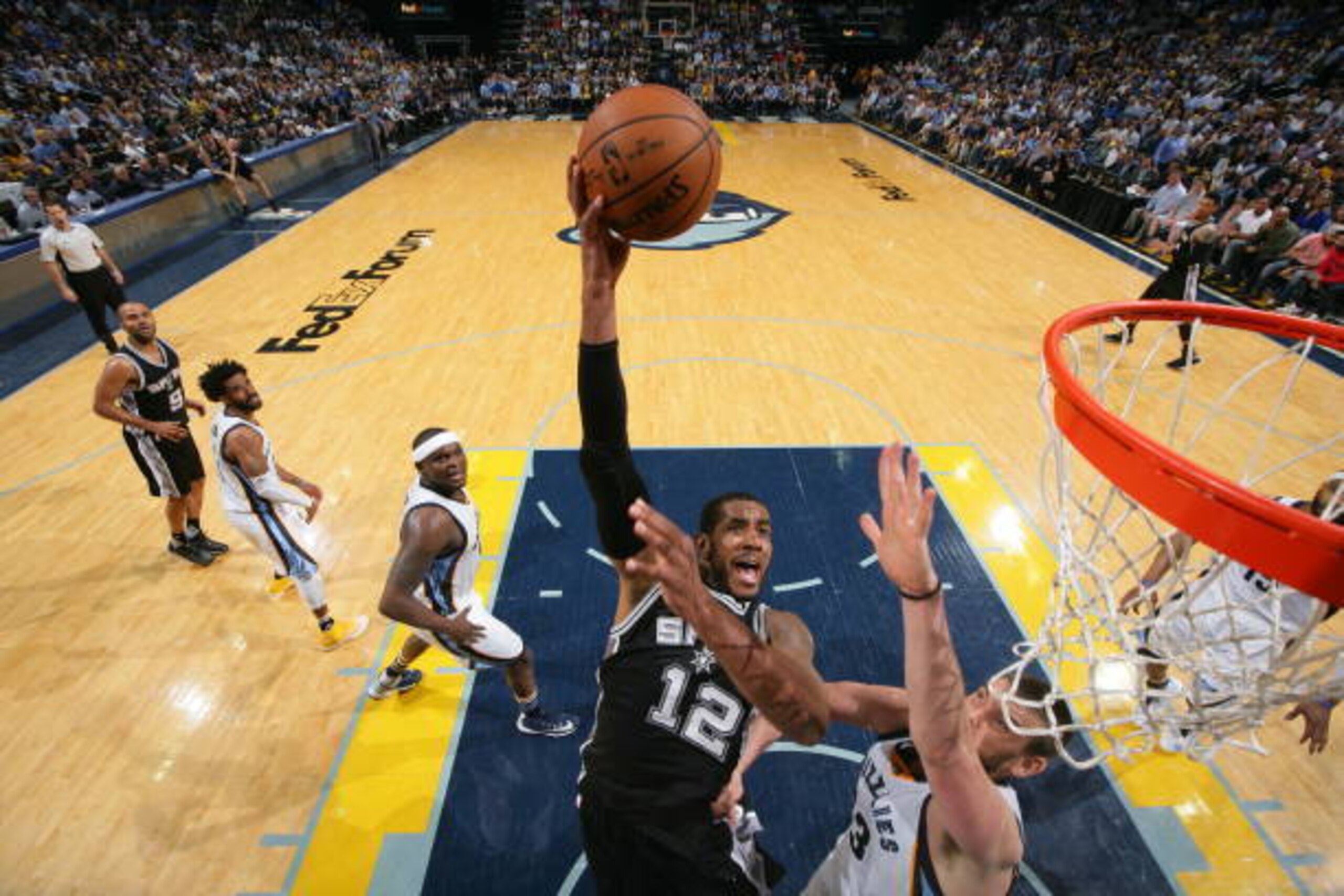 MEMPHIS, TN - APRIL 27:  LaMarcus Aldridge #12 of the San Antonio Spurs goes to the basket against the Memphis Grizzlies during Game Six of the Western Conference Quarterfinals of the 2017 NBA Playoffs on April 27, 2017 at FedExForum in Memphis, Tennessee