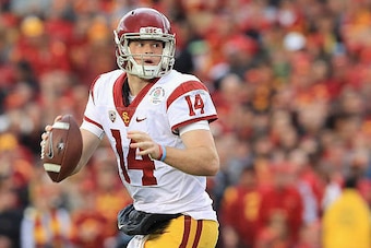 PASADENA, CA - JANUARY 02:  Quarterback Sam Darnold #14 of the USC Trojans looks to pass the ball against the Penn State Nittany Lions during the 2017 Rose Bowl Game presented by Northwestern Mutual at the Rose Bowl on January 2, 2017 in Pasadena, Califor