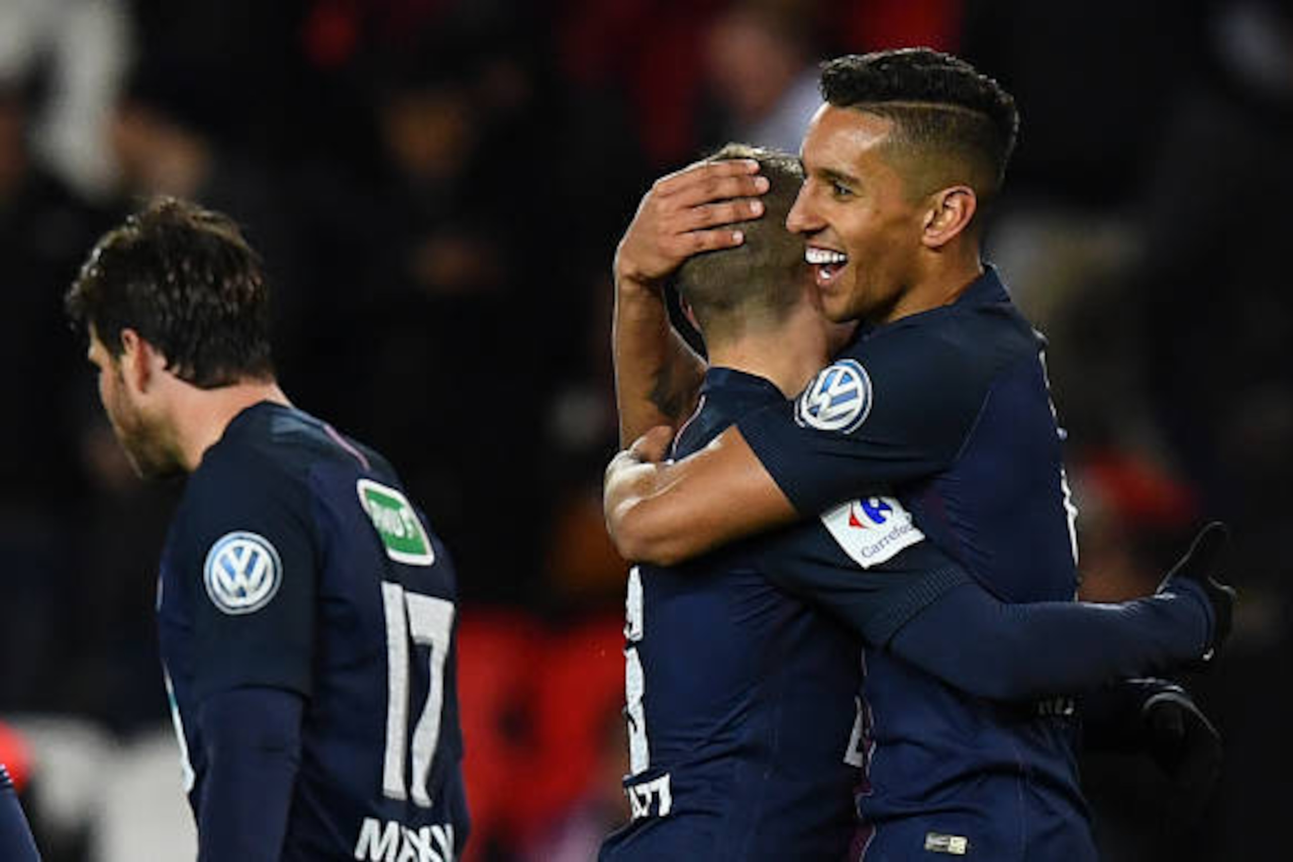 Paris Saint-Germain's Brazilian defender Marquinhos (R) is congratuled by teammates after scoring a goal during the French Cup semi-final match between Paris Saint-Germain and Monaco at the Parc des Princes stadium in Paris on April 26, 2017.
Paris Saint- Paris Saint-Germain's Brazilian defender Marquinhos (R) is congratuled by teammates after scoring a goal during the French Cup semi-final match between Paris Saint-Germain and Monaco at the Parc des Princes stadium in Paris on April 26, 2017.
Paris Saint-