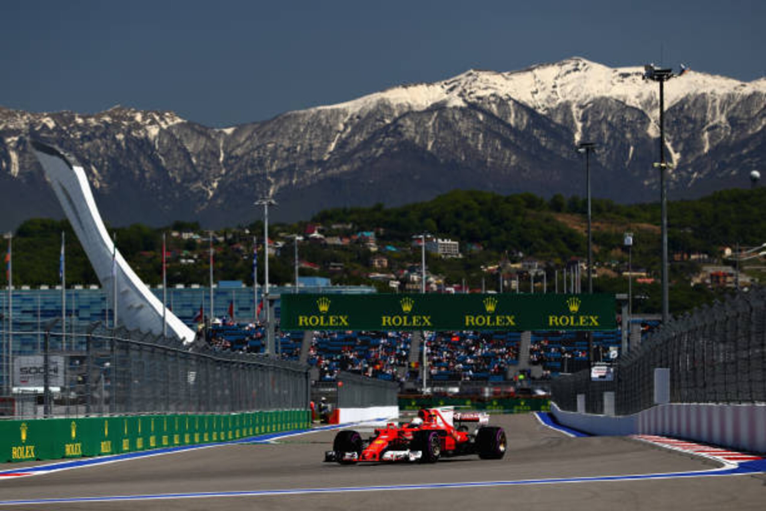 SOCHI, RUSSIA - APRIL 29:  Sebastian Vettel of Germany driving the (5) Scuderia Ferrari SF70H on track during final practice for the Formula One Grand Prix of Russia on April 29, 2017 in Sochi, Russia.  (Photo by Clive Mason/Getty Images)