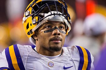 FAYETTEVILLE, AR - NOVEMBER 12:  Derrius Guice #5 of the LSU Tigers watches a replay during a game against the Arkansas Razorbacks at Razorback Stadium on November 12, 2016 in Fayetteville, Arkansas.  The Tigers defeated the Razorbacks 38-10.  (Photo by W