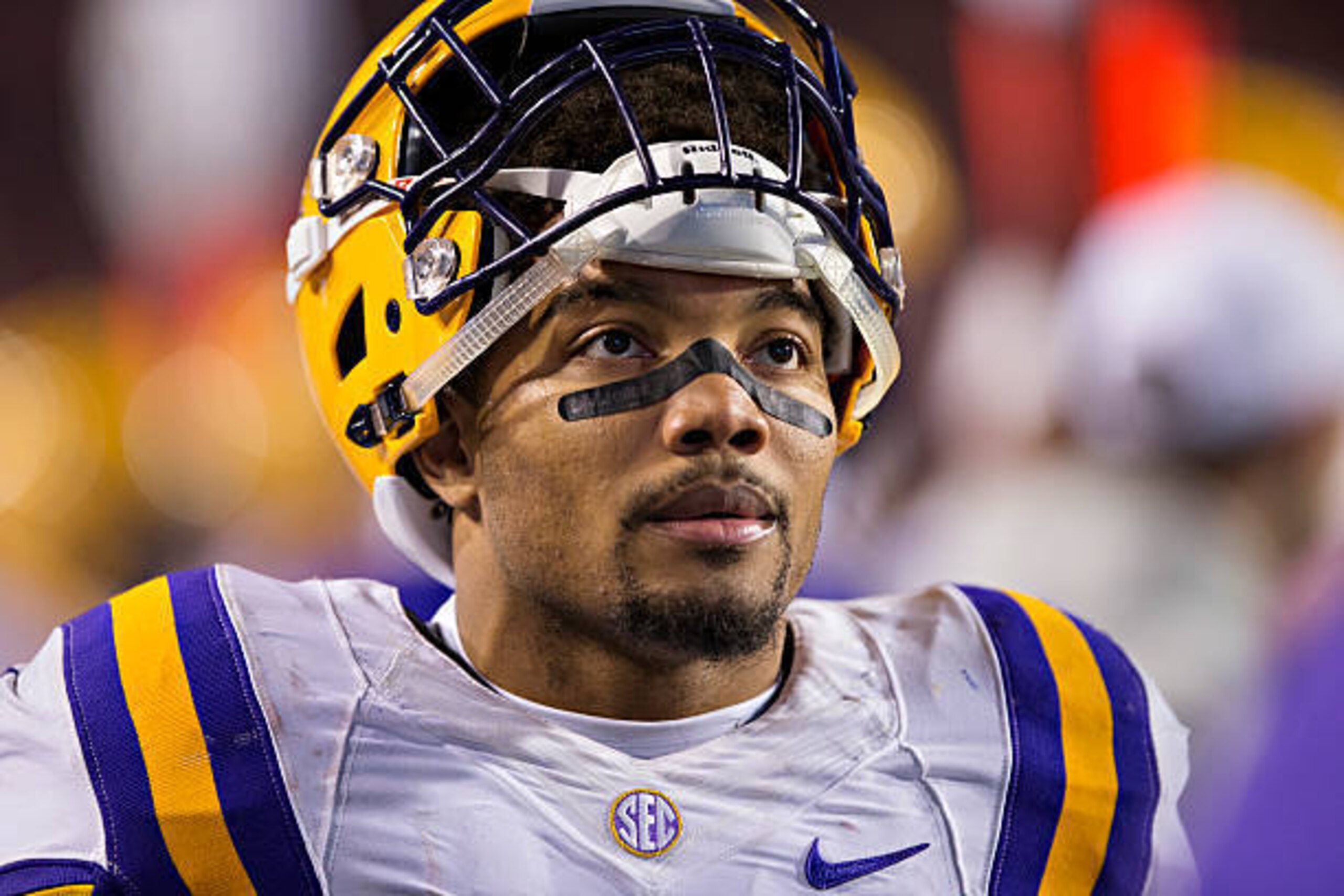 FAYETTEVILLE, AR - NOVEMBER 12:  Derrius Guice #5 of the LSU Tigers watches a replay during a game against the Arkansas Razorbacks at Razorback Stadium on November 12, 2016 in Fayetteville, Arkansas.  The Tigers defeated the Razorbacks 38-10.  (Photo by W