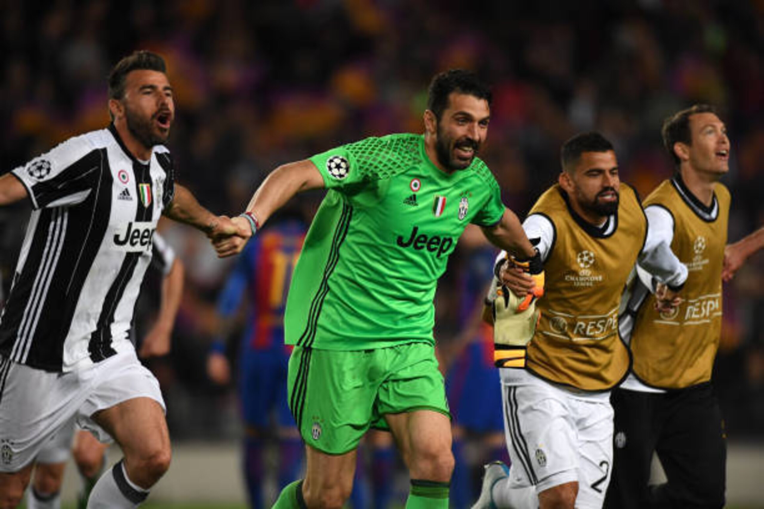 BARCELONA, SPAIN - APRIL 19: Guanluigi Buffon (C) and Juventus players celebrate going through to semi final after the UEFA Champions League Quarter Final second leg match between FC Barcelona and Juventus at Camp Nou on April 19, 2017 in Barcelona, Spain