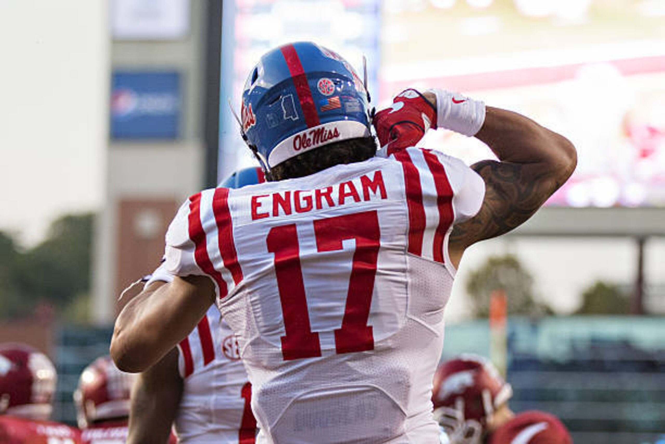 FAYETTEVILLE, AR - OCTOBER15:  Evan Engram #17 of the Mississippi Rebels celebrates after scoring a touchdown during a game against the Arkansas Razorbacks at Razorback Stadium on October 15, 2016 in Fayetteville, Arkansas.  The Razorbacks defeated the Re