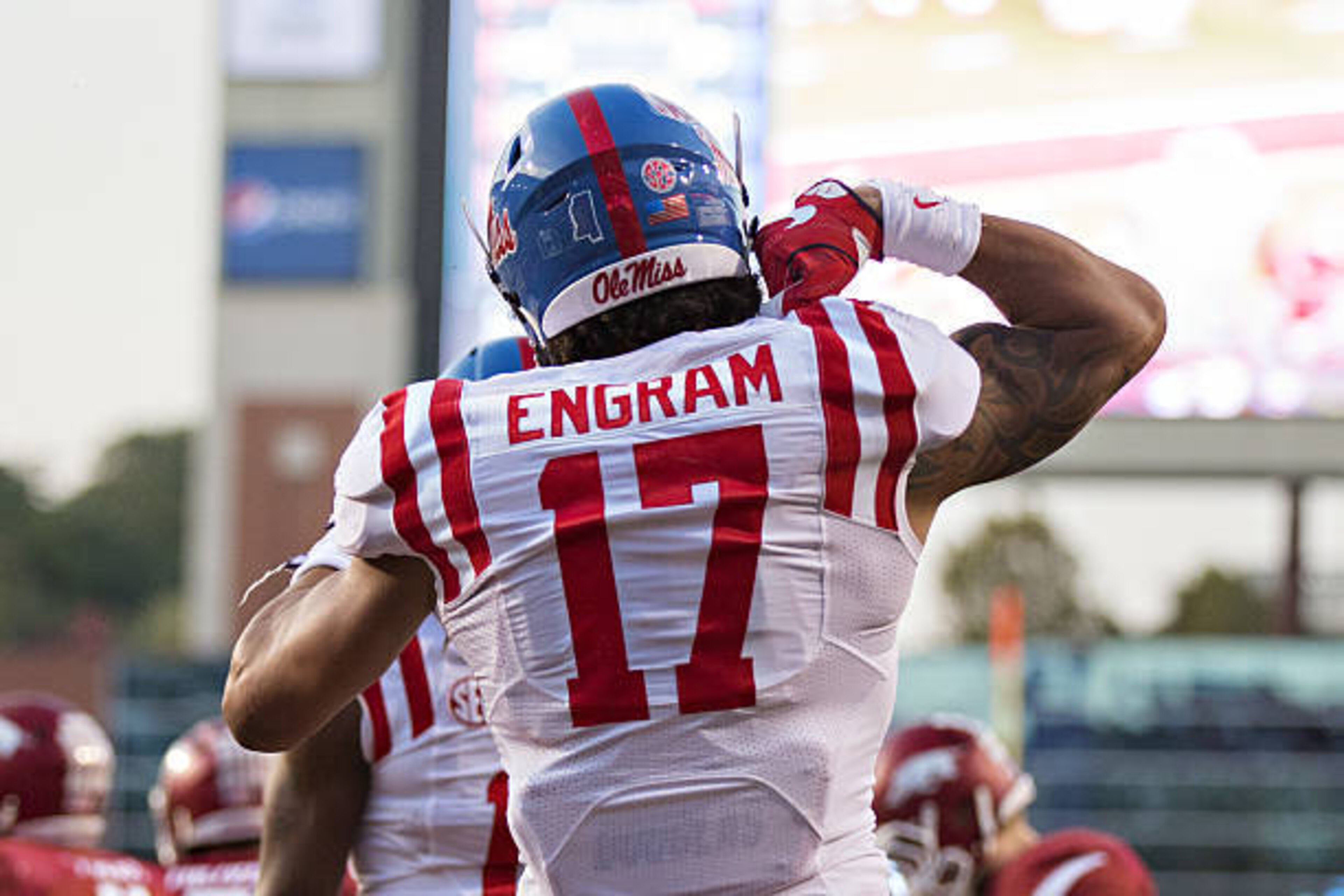 FAYETTEVILLE, AR - OCTOBER15:  Evan Engram #17 of the Mississippi Rebels celebrates after scoring a touchdown during a game against the Arkansas Razorbacks at Razorback Stadium on October 15, 2016 in Fayetteville, Arkansas.  The Razorbacks defeated the Re
